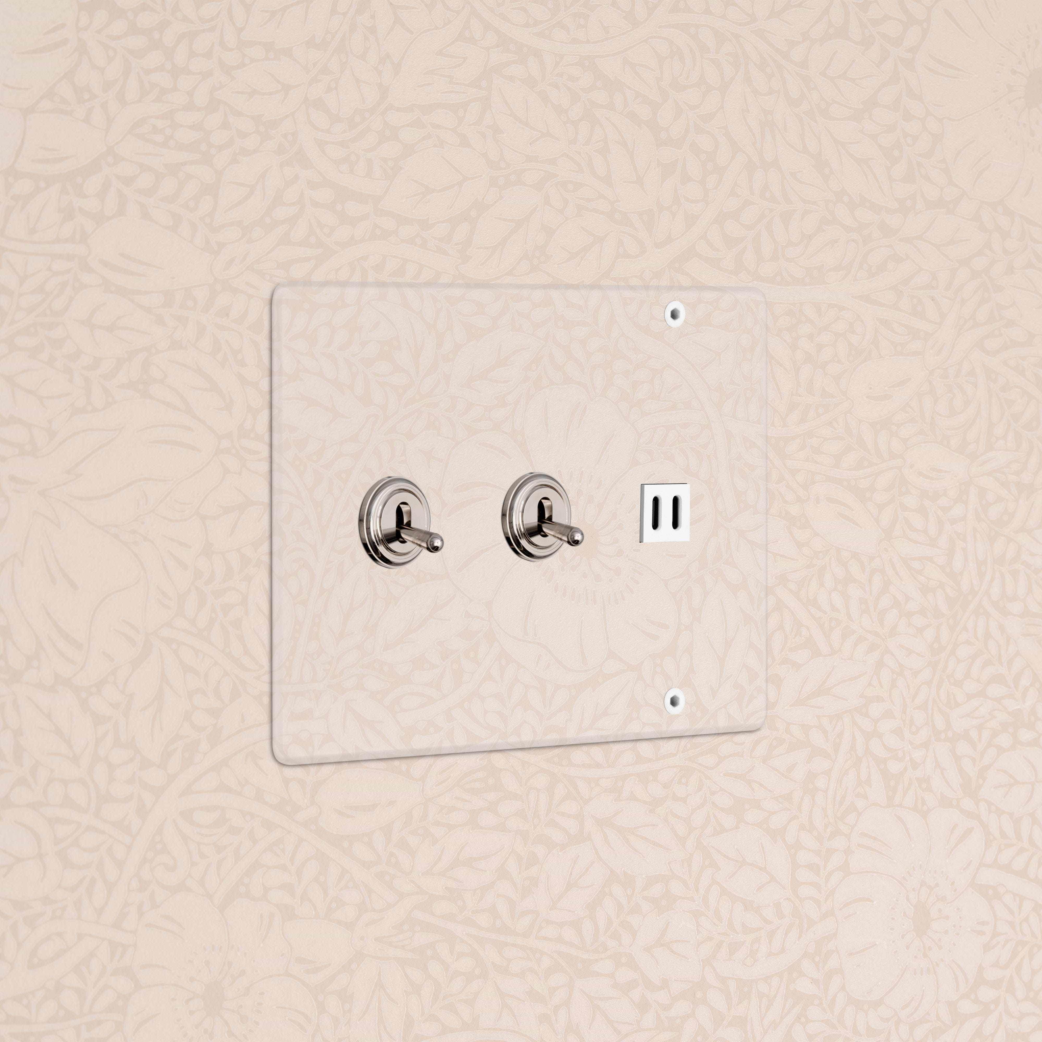 Kew 3G 2x Toggle Switch & Fast Charge USB panel in clear polished nickel white with two toggles and one USB port.