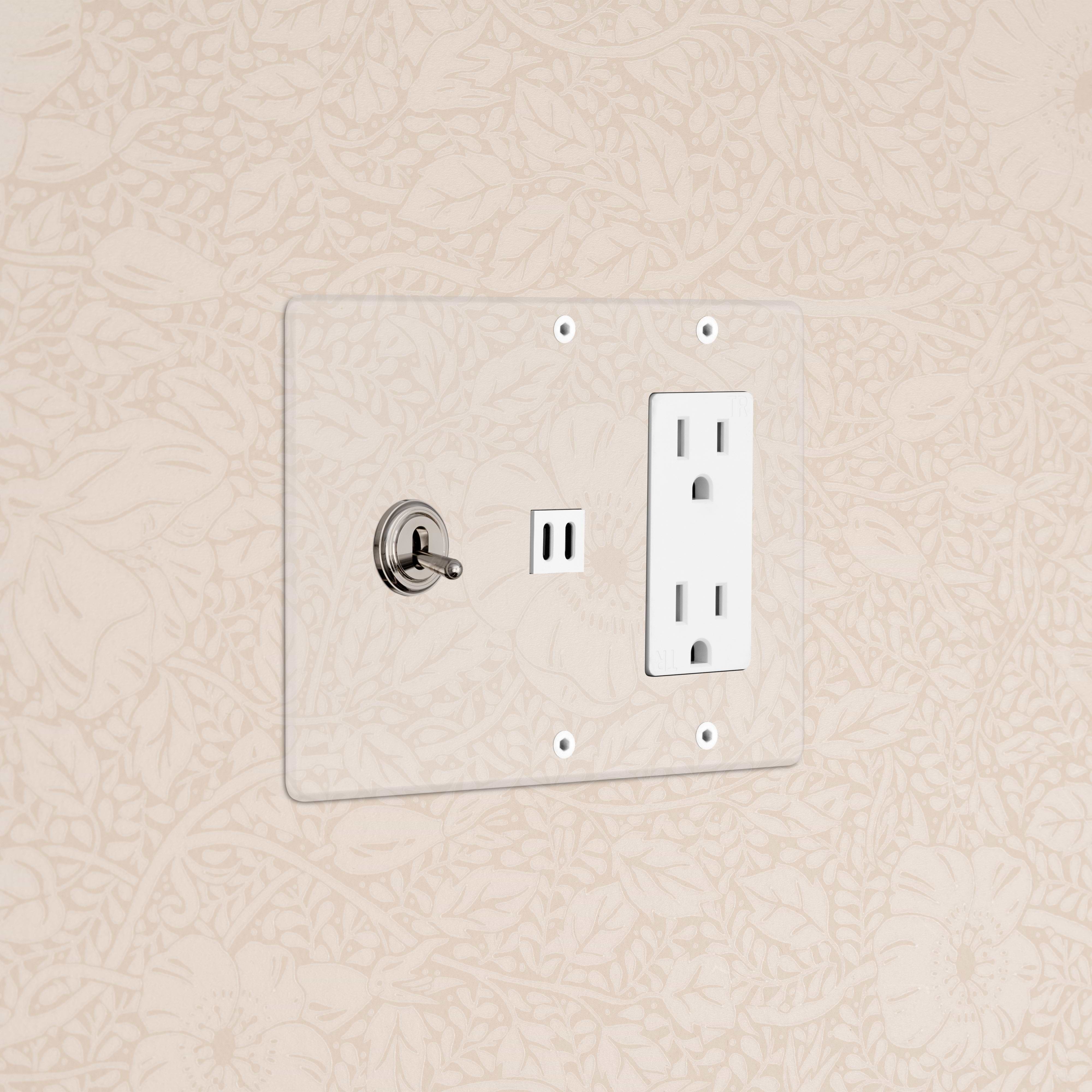 Kew 3G Toggle Switch, Outlet, and Fast Charge USB in Clear Polished Nickel White on a wall.
