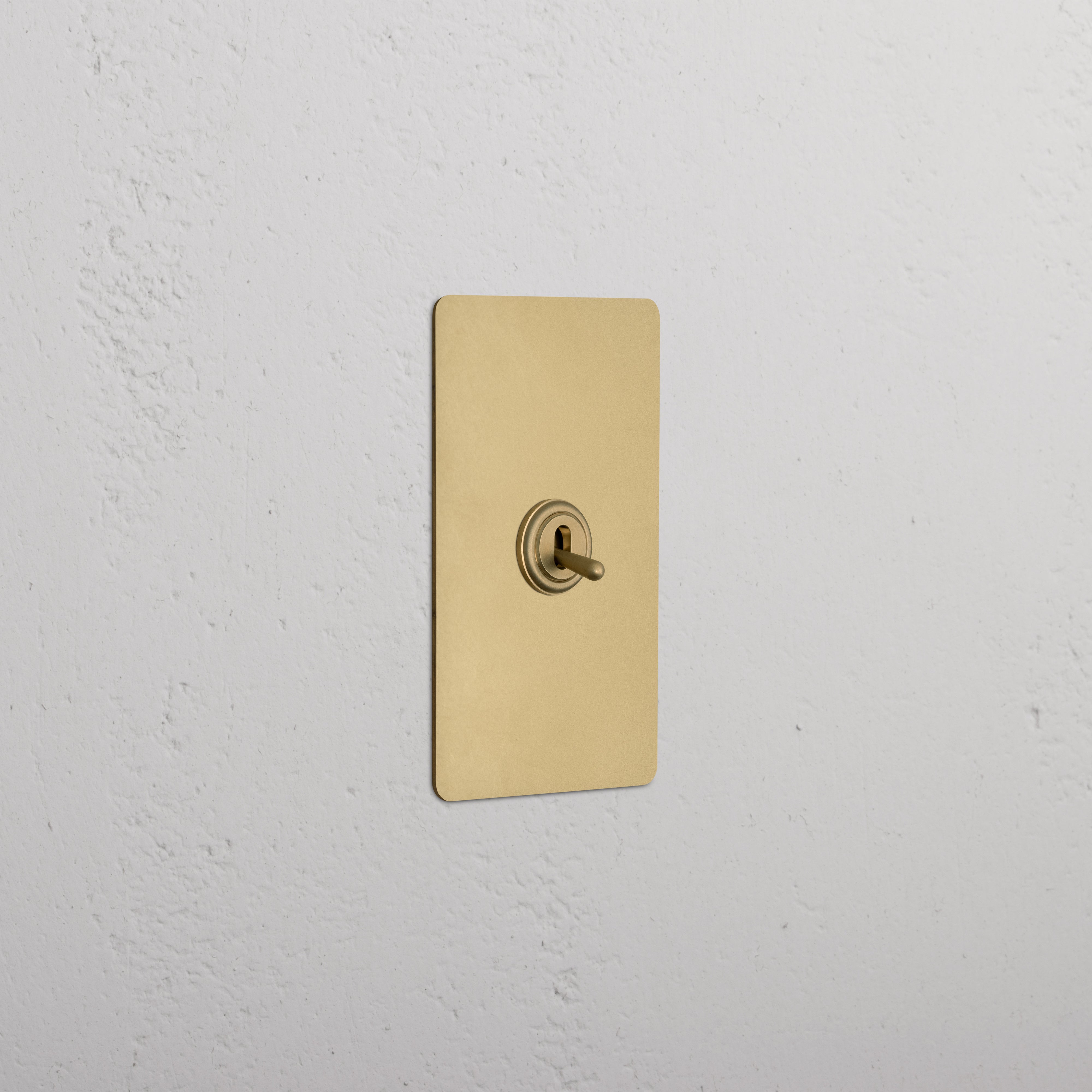 Kew 1G Retractive Toggle Switch in antique brass finish, shown installed on a white wall.