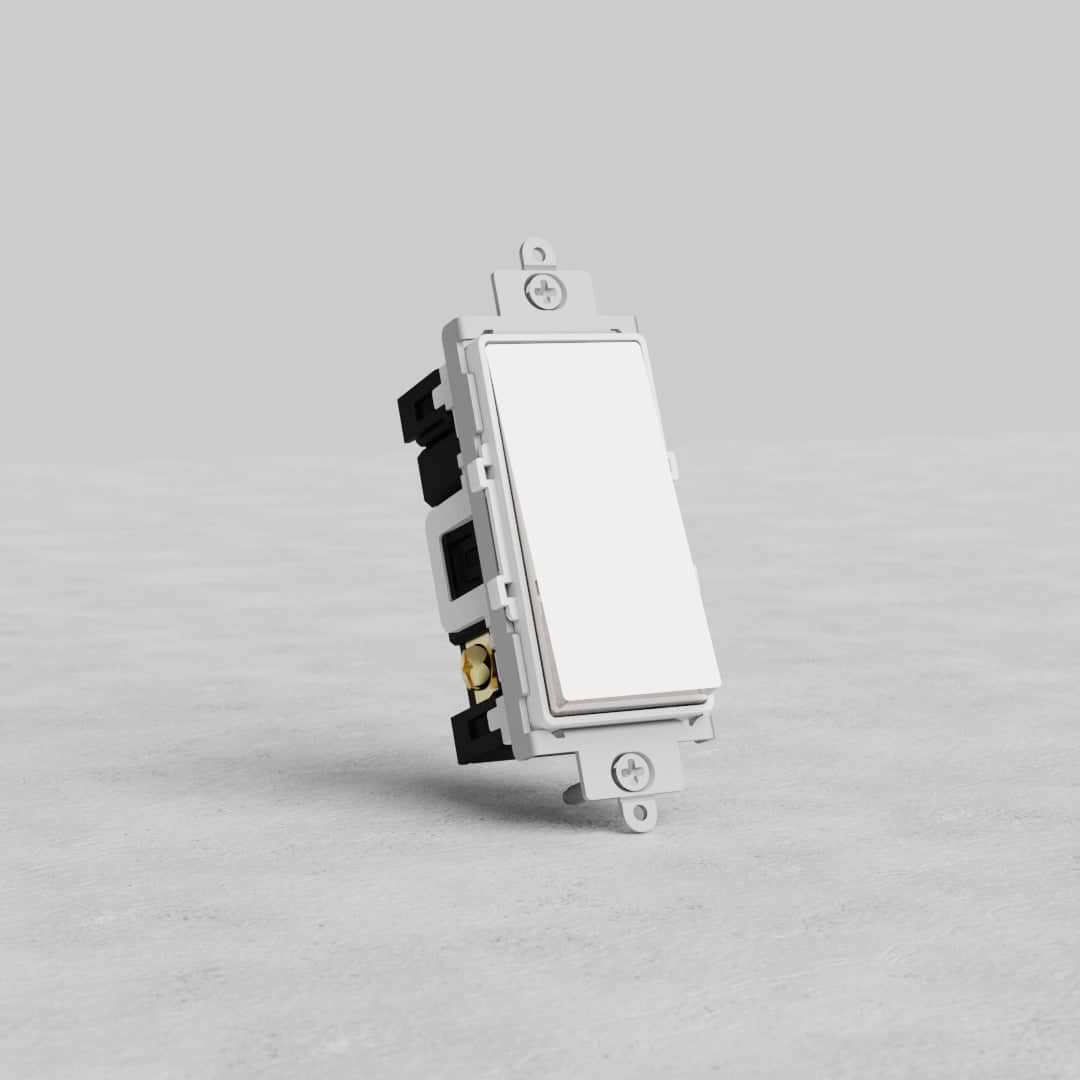 Retractive Rocker Switch in Polished Nickel White finish with visible screws, upright on a plain gray background.
