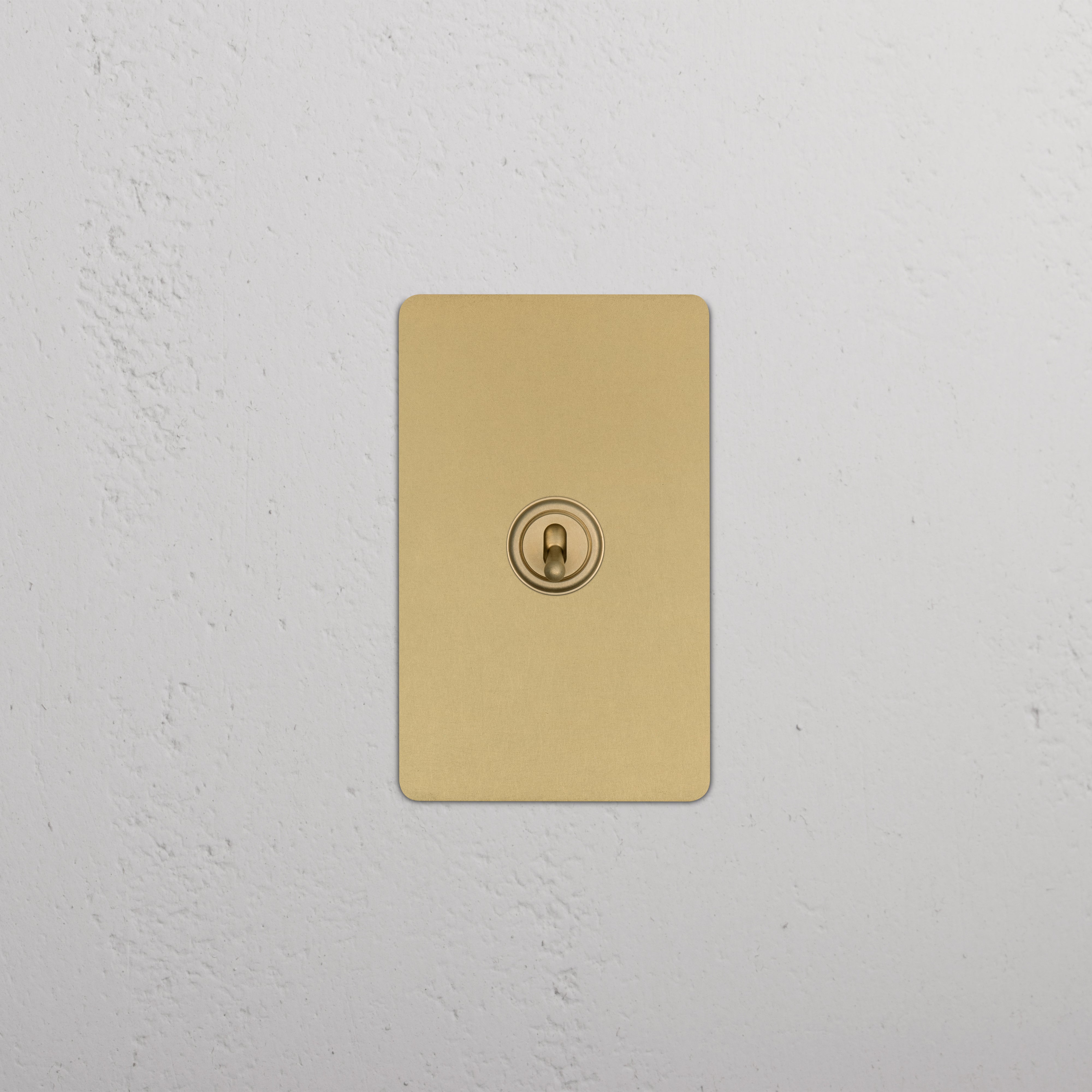 Kew 1G Retractive Toggle Switch in antique brass finish, shown mounted on a textured white wall.