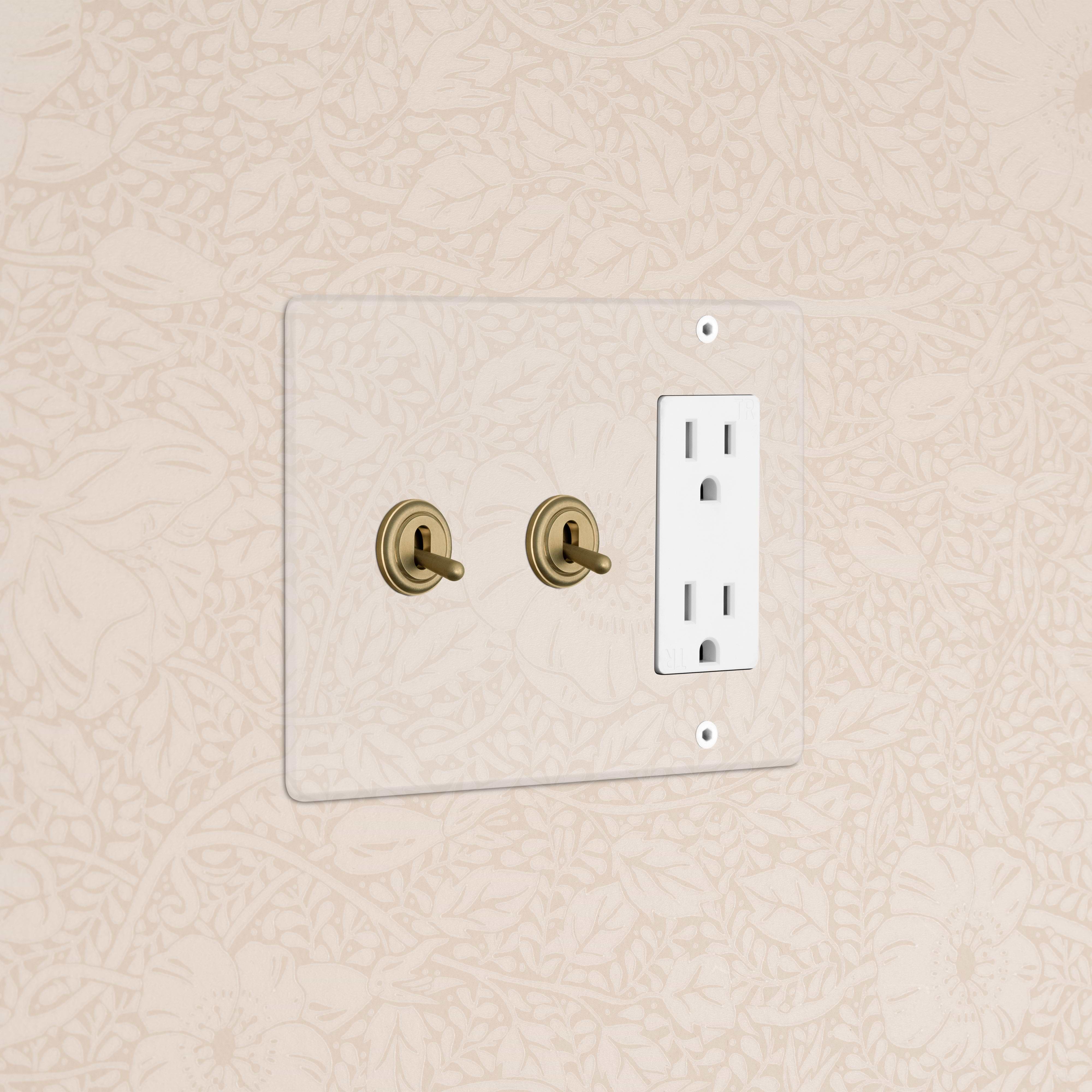 Kew 3G 2x Toggle Switch & Outlet in clear antique brass and white, installed on a wall.