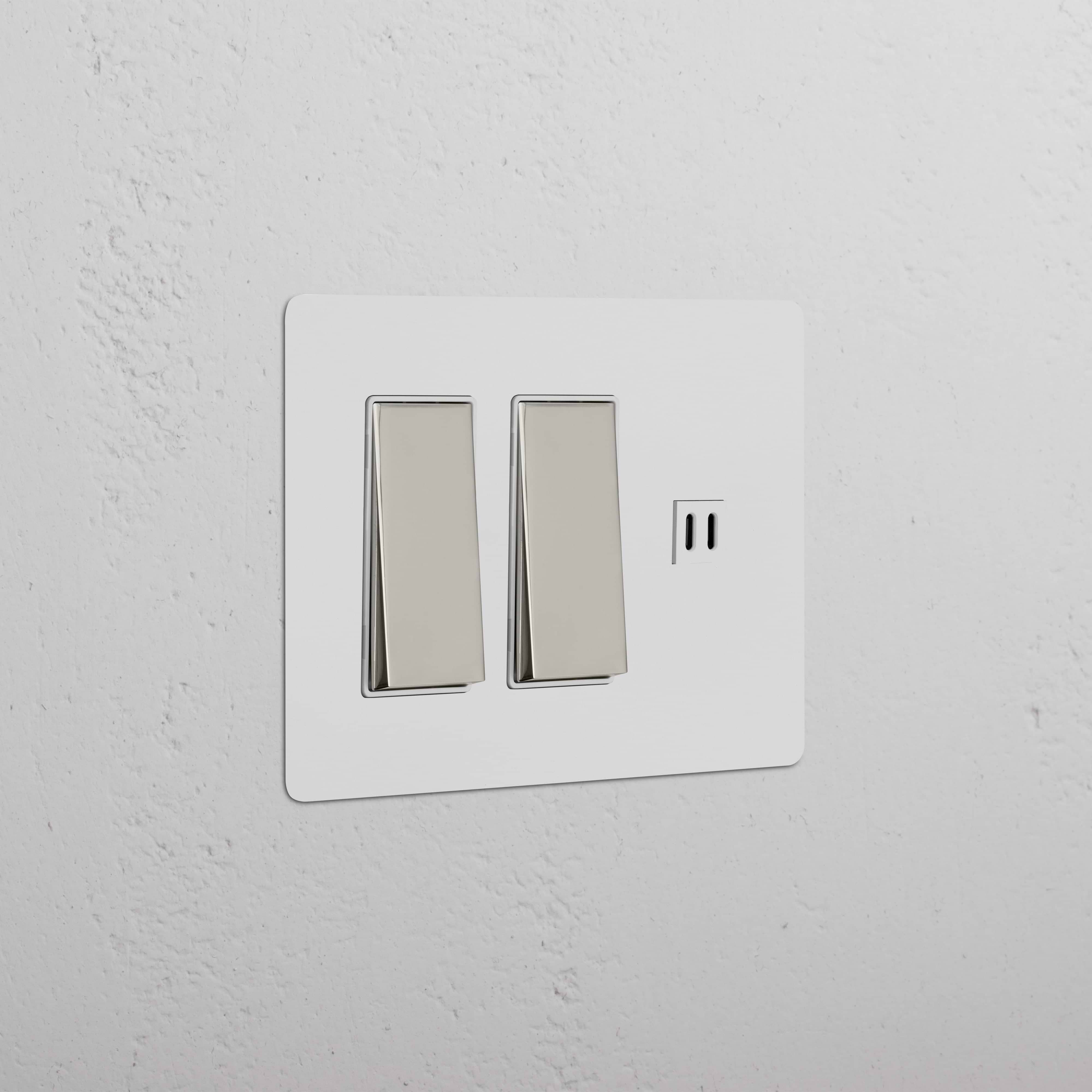 Kew 3G 2x Rocker Switch & Fast Charge USB plate in paintable polished nickel white, with two switches and USB port.