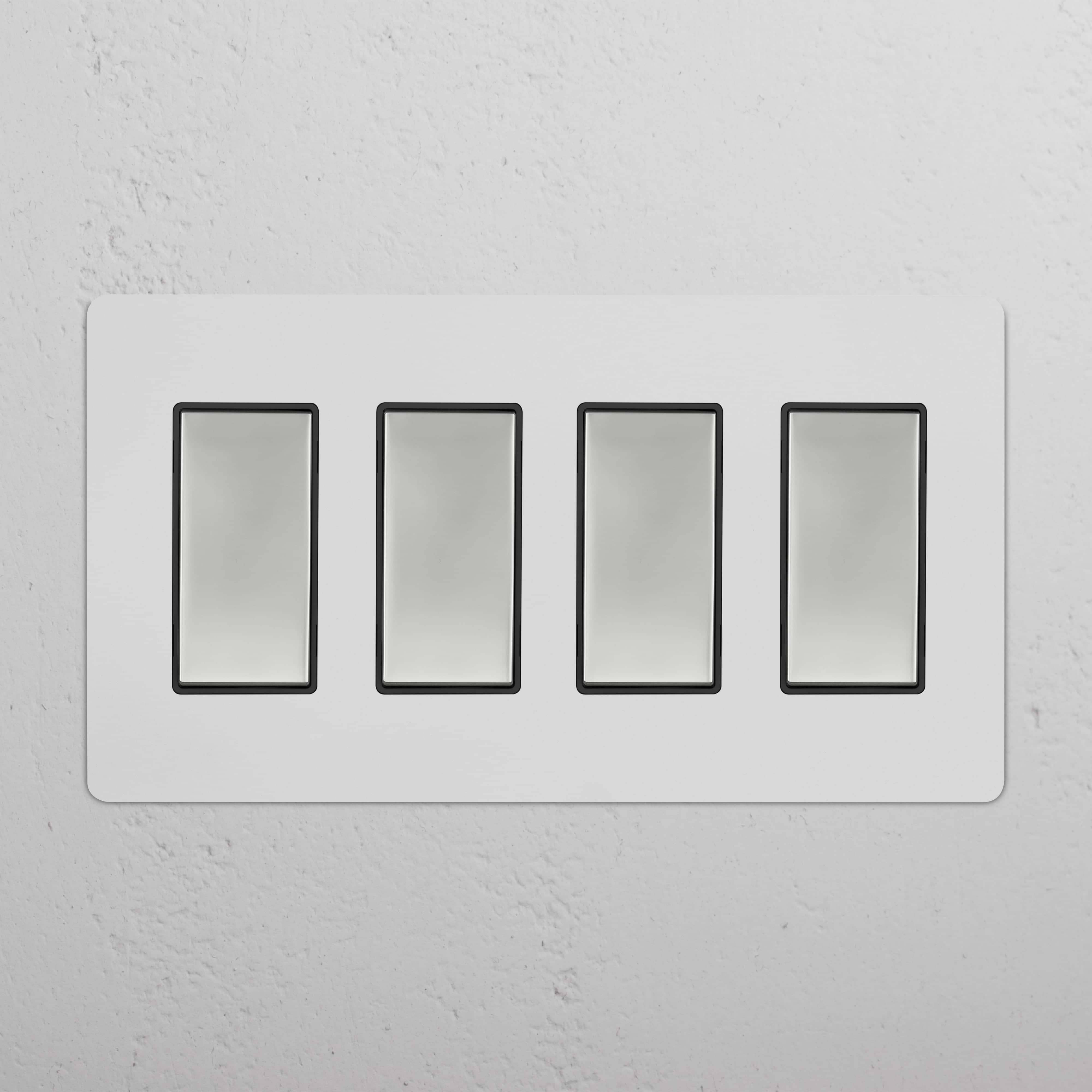 Kew 4G Rocker Switch in paintable polished nickel with black four-gang rectangular switch buttons.