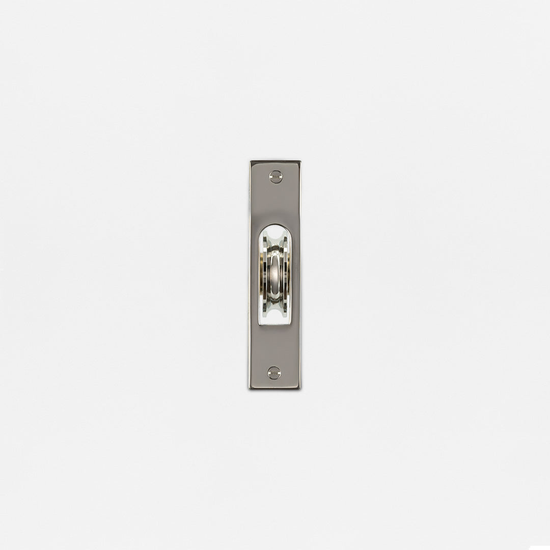 Belmont Single Hung Window Pulley in polished nickel with rectangular base and four corner screws on white background.