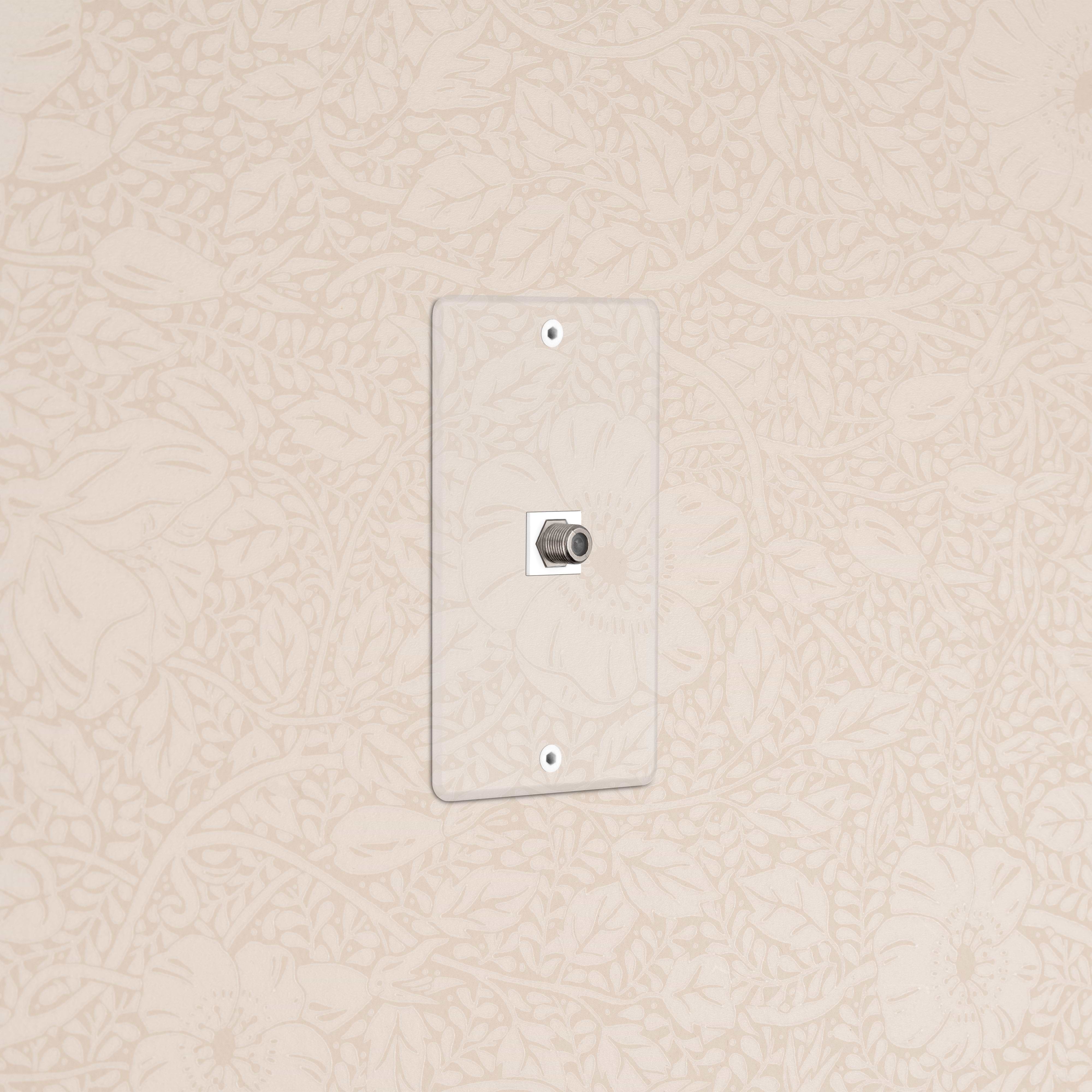 Kew 1G Satellite Keystone in clear white; single gang wall plate for satellite connection, no cables attached.