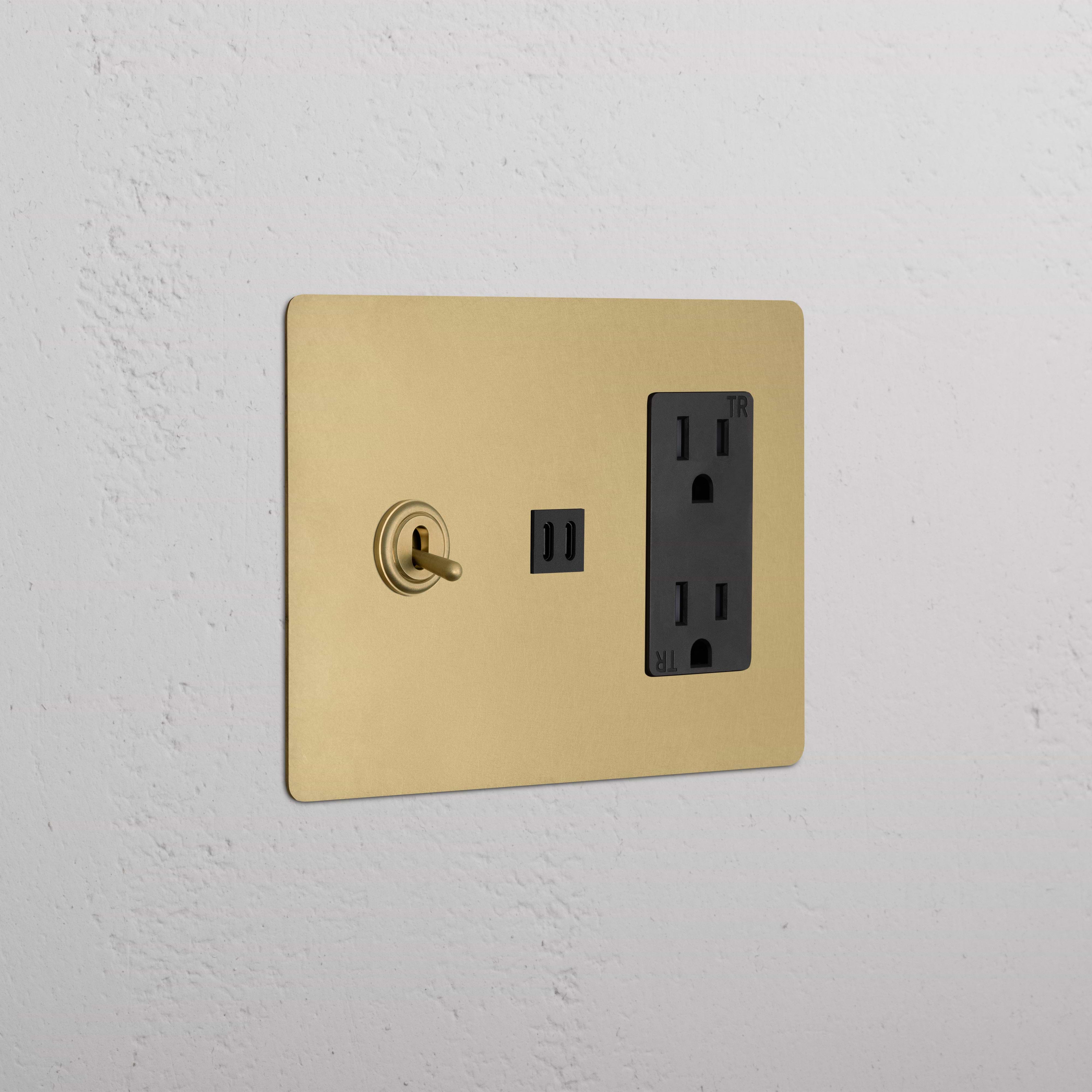 Kew 3G Toggle Switch, Outlet, and Fast Charge USB in Antique Brass Black finish on a white wall.