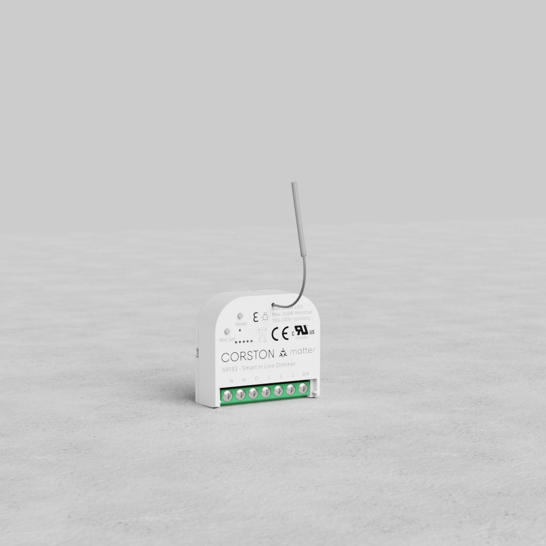 White Smart In-Line Dimmer Module labeled “CORSTON Matter,” with antenna and connection terminals, on gray surface.