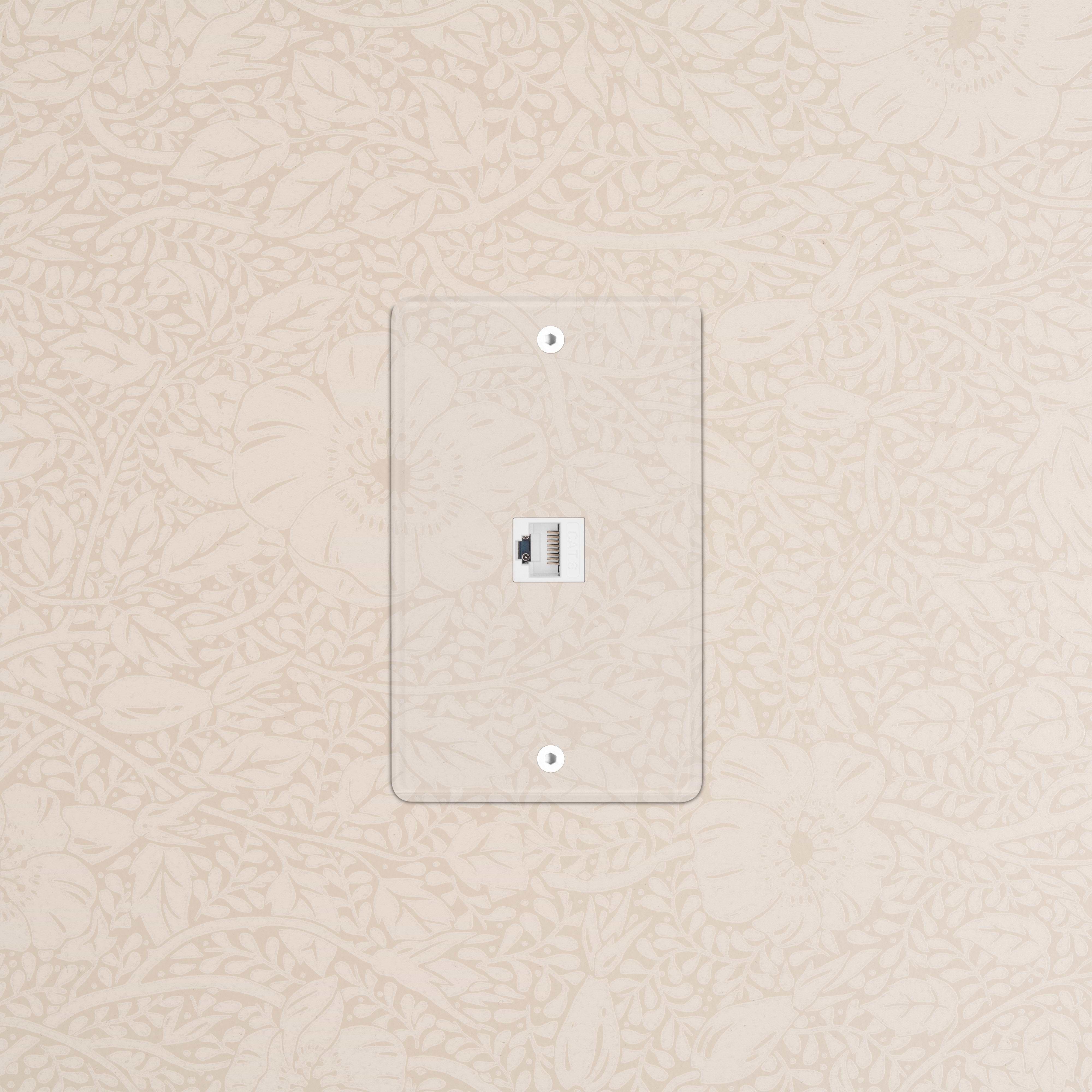Kew 1G CAT 6 Keystone in Clear White, single-gang Ethernet wall jack with a matching cover plate.