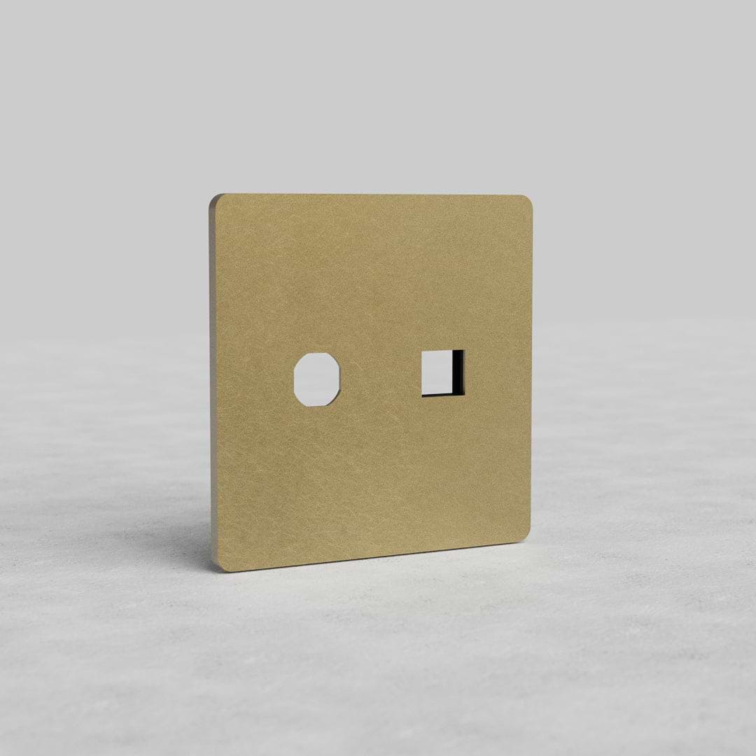 2G Switch & Keystone Plate Grove US in antique brass with square design, circular and rectangular cutouts.