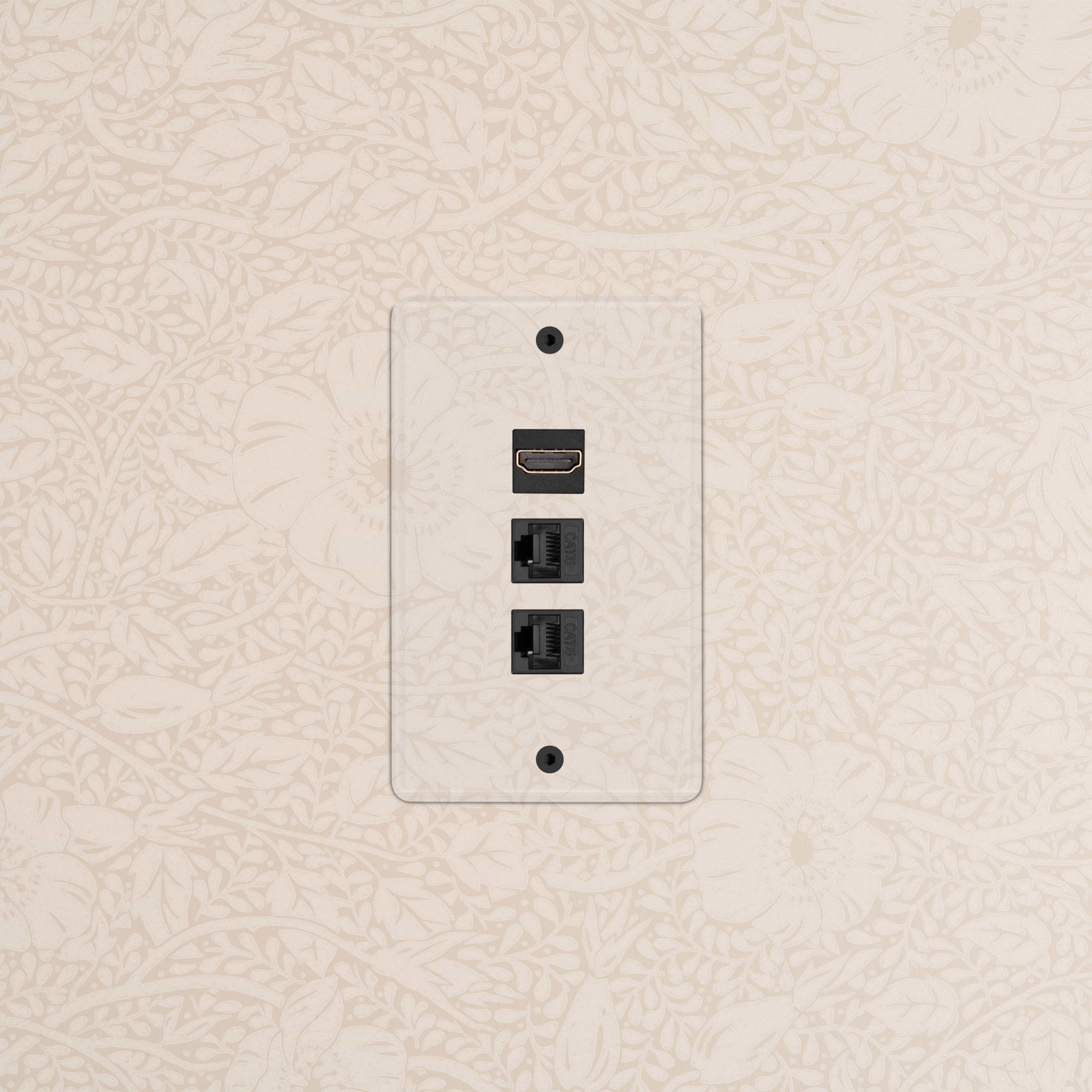 Kew 1G HDMI & 2x CAT6 Keystone wall plate in clear black finish with one HDMI and two CAT6 ports.
