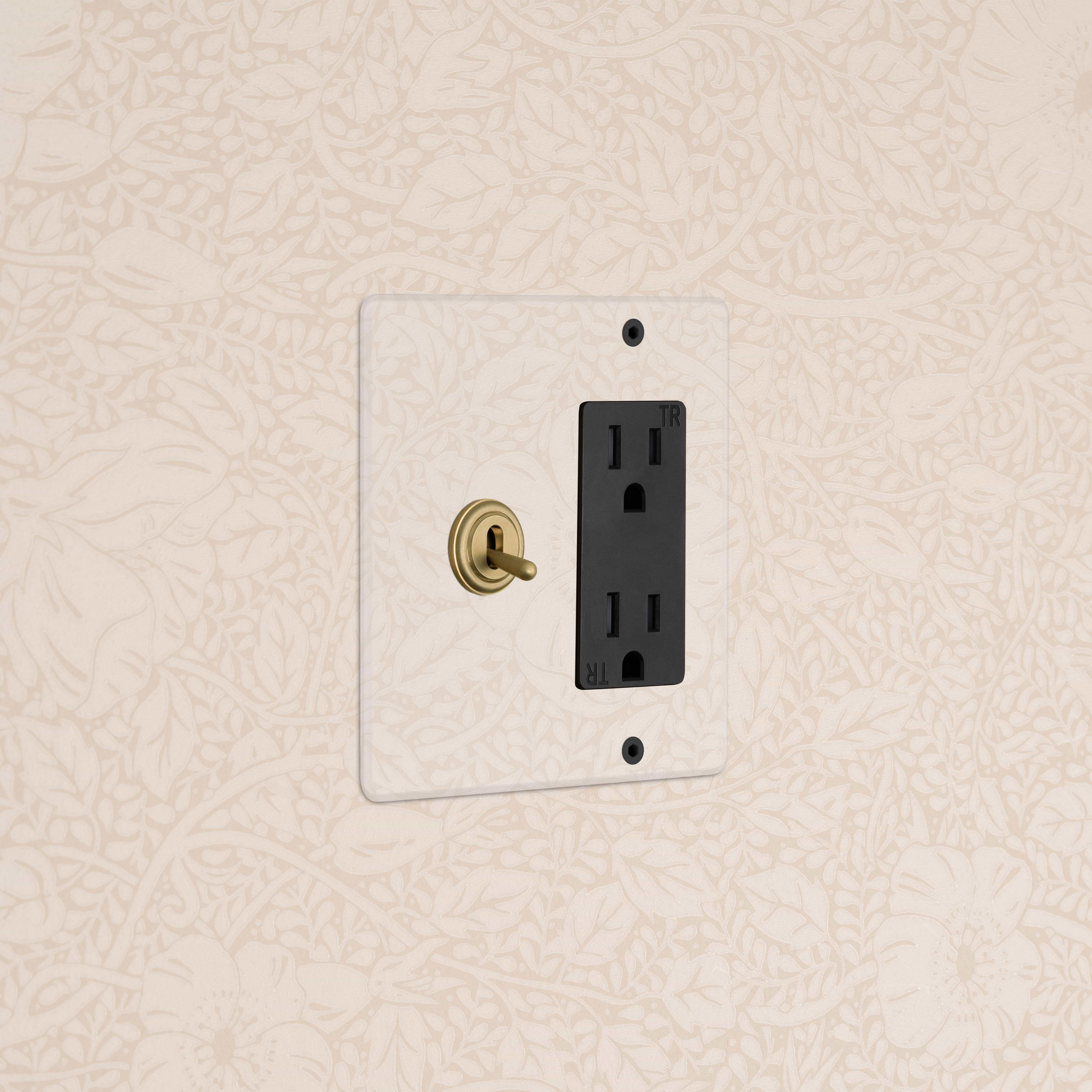 Kew 2G Toggle Switch & Outlet in Clear Antique Brass Black, with brass toggles and black double outlet on wall.