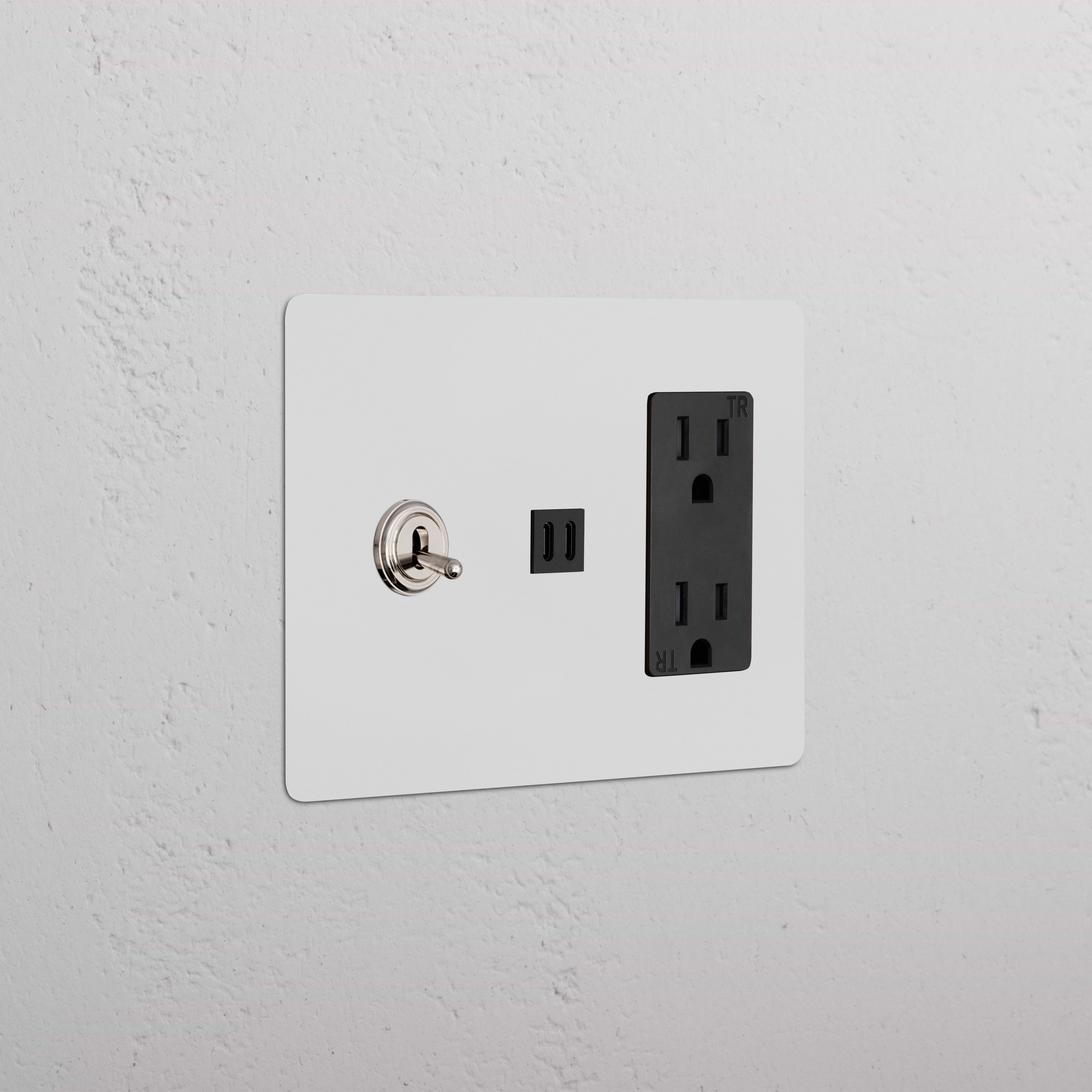 Paintable polished nickel Kew 3G toggle switch, outlet, and fast charge USB plate with black accents.