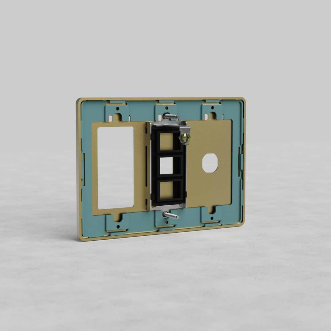 Antique Brass 3G Outlet & Keystone & Switch Plate Grove US with empty slot and central black switch.