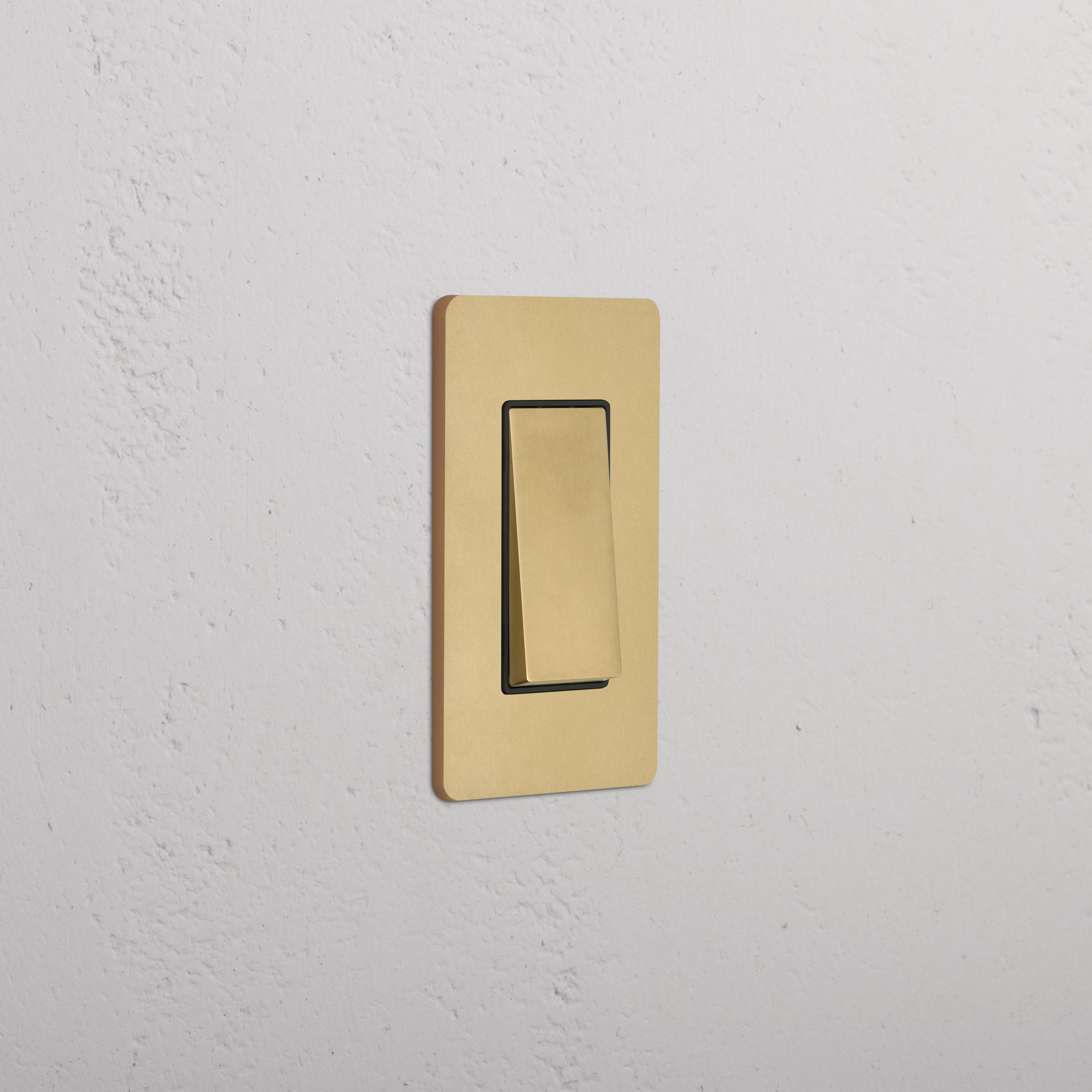 Grove 1G Double Pole Rocker Switch in antique brass black, mounted on a white textured wall.