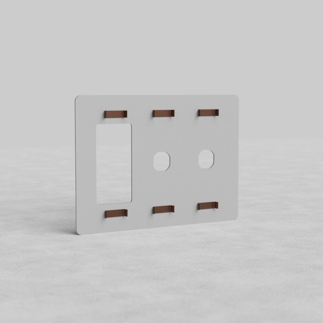 Paintable 3G 2x Switch & Outlet Plate Kew US with large vertical cutout and two outlet holes, shown upright.