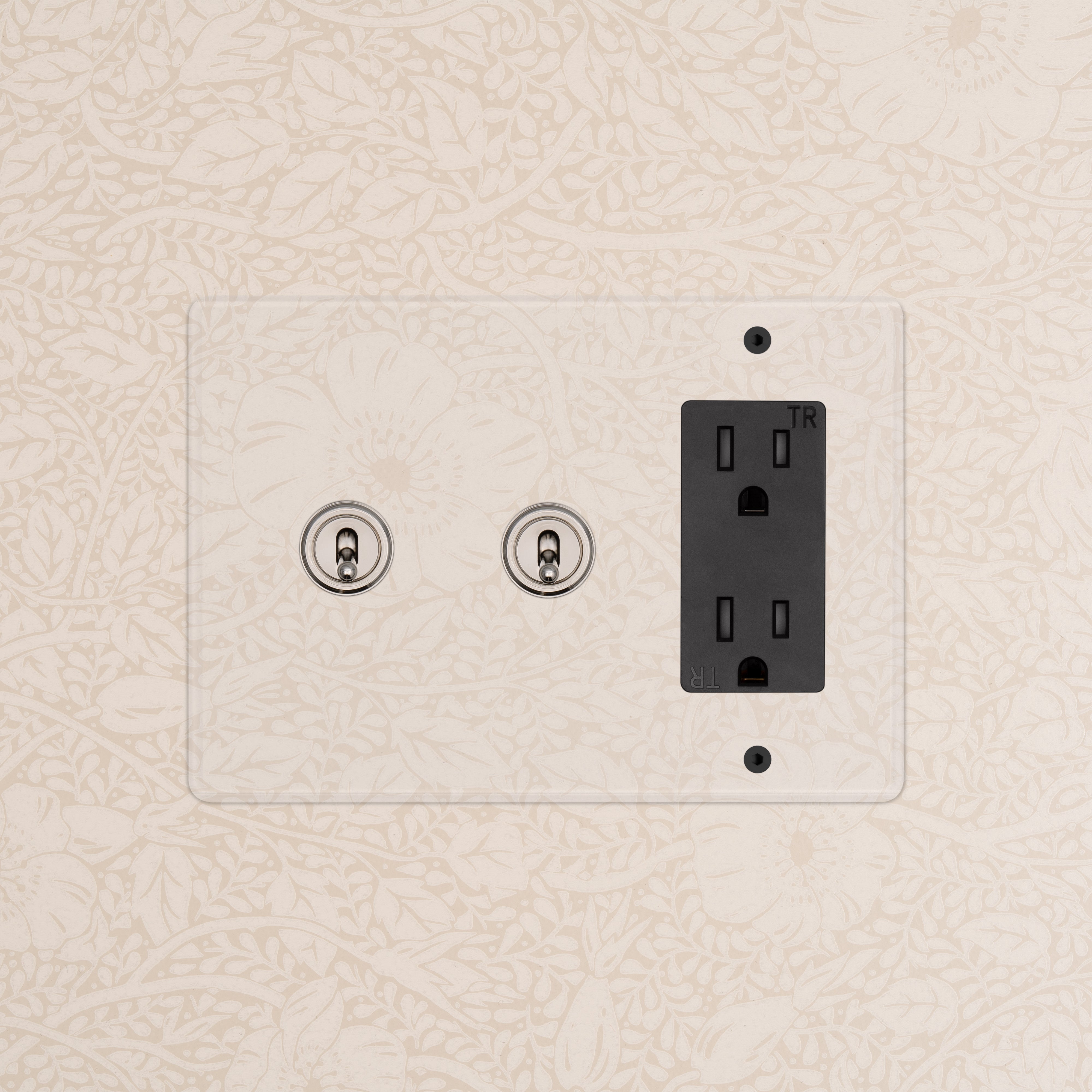 Kew 3G 2x Toggle Switch & Outlet in clear polished nickel with black outlet and dual toggles on the left.