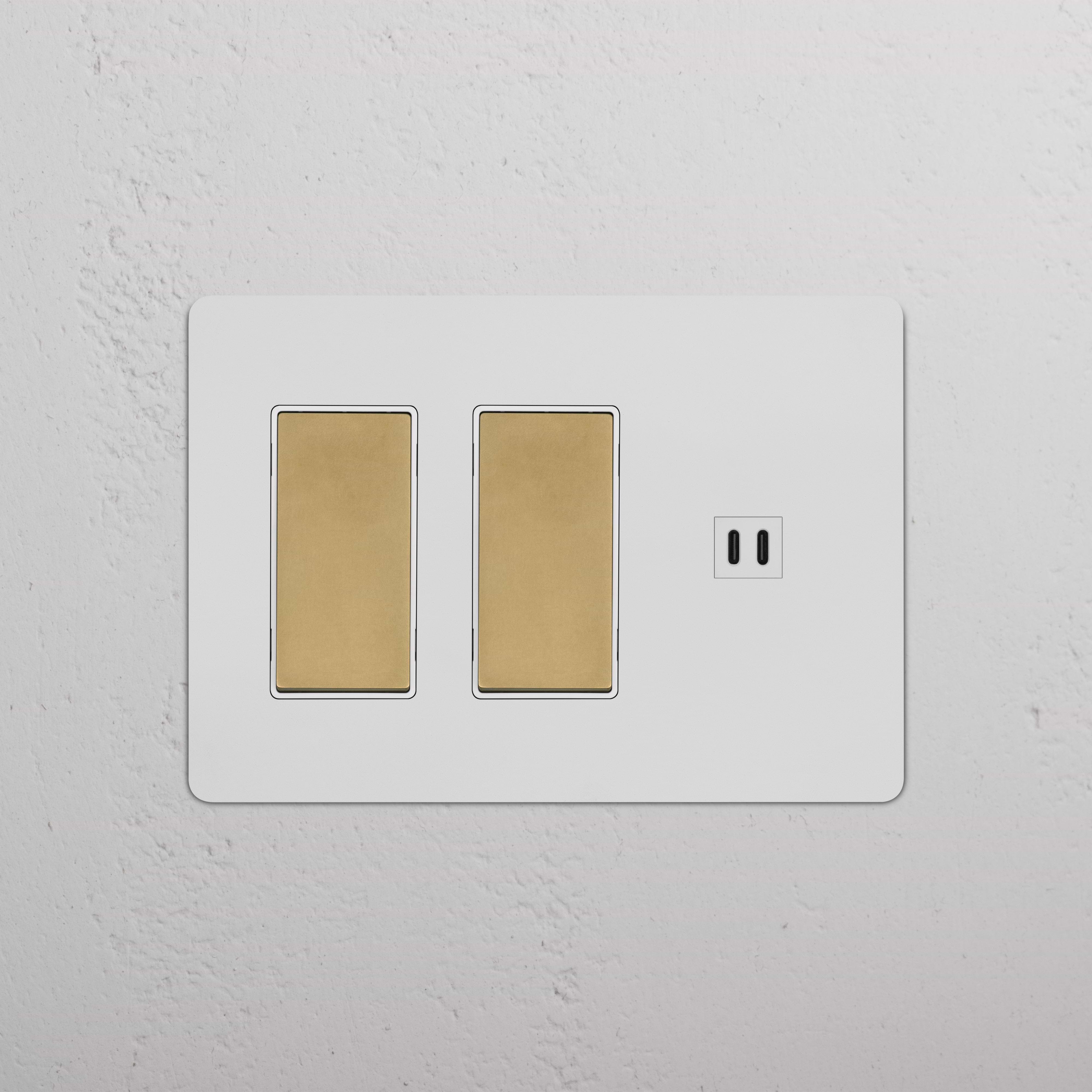 Paintable antique brass white 3-gang wall plate with 2 rocker switches and a fast-charge USB port.