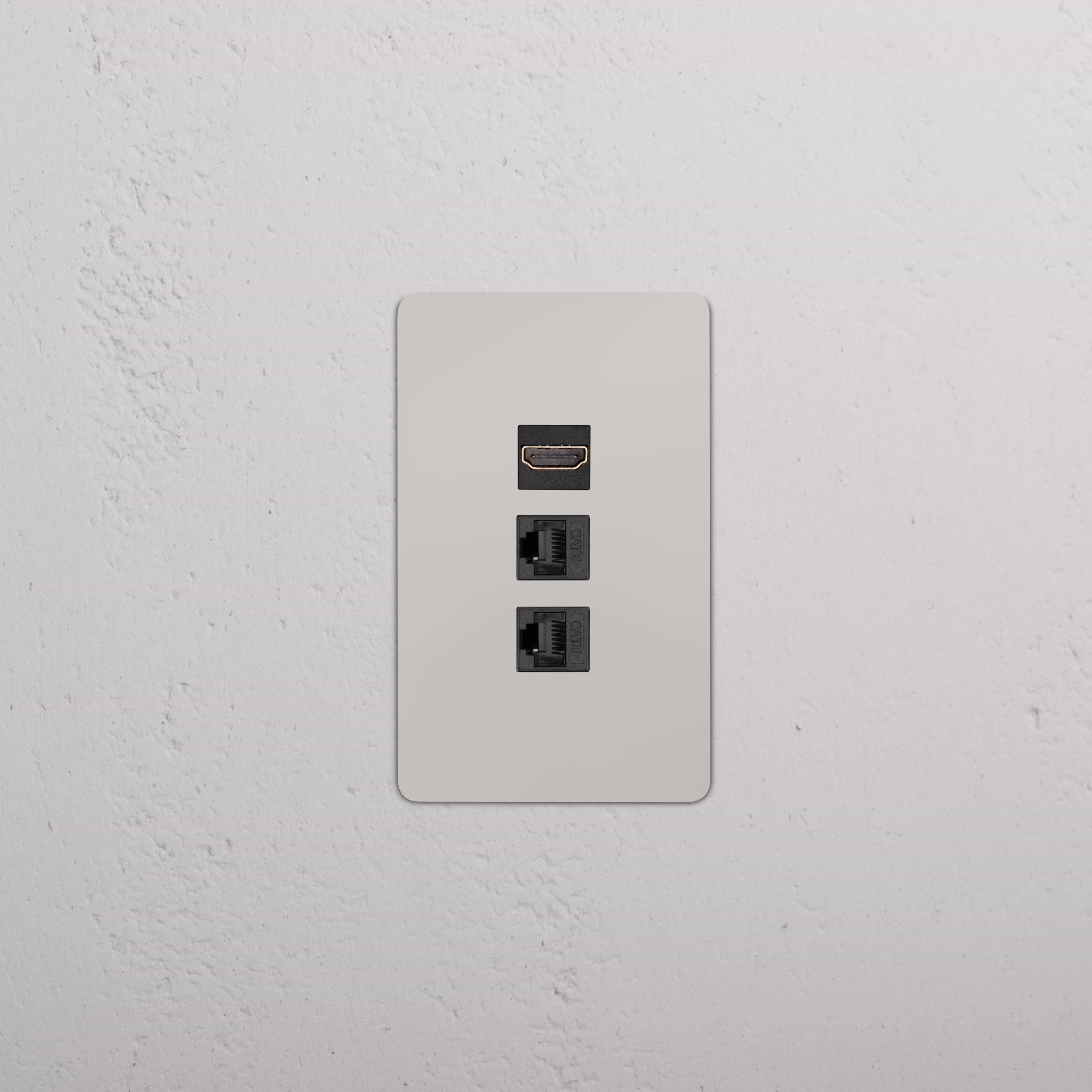 Kew 1G HDMI & 2x CAT6 Keystone wall plate in polished nickel black with HDMI and two Ethernet ports.