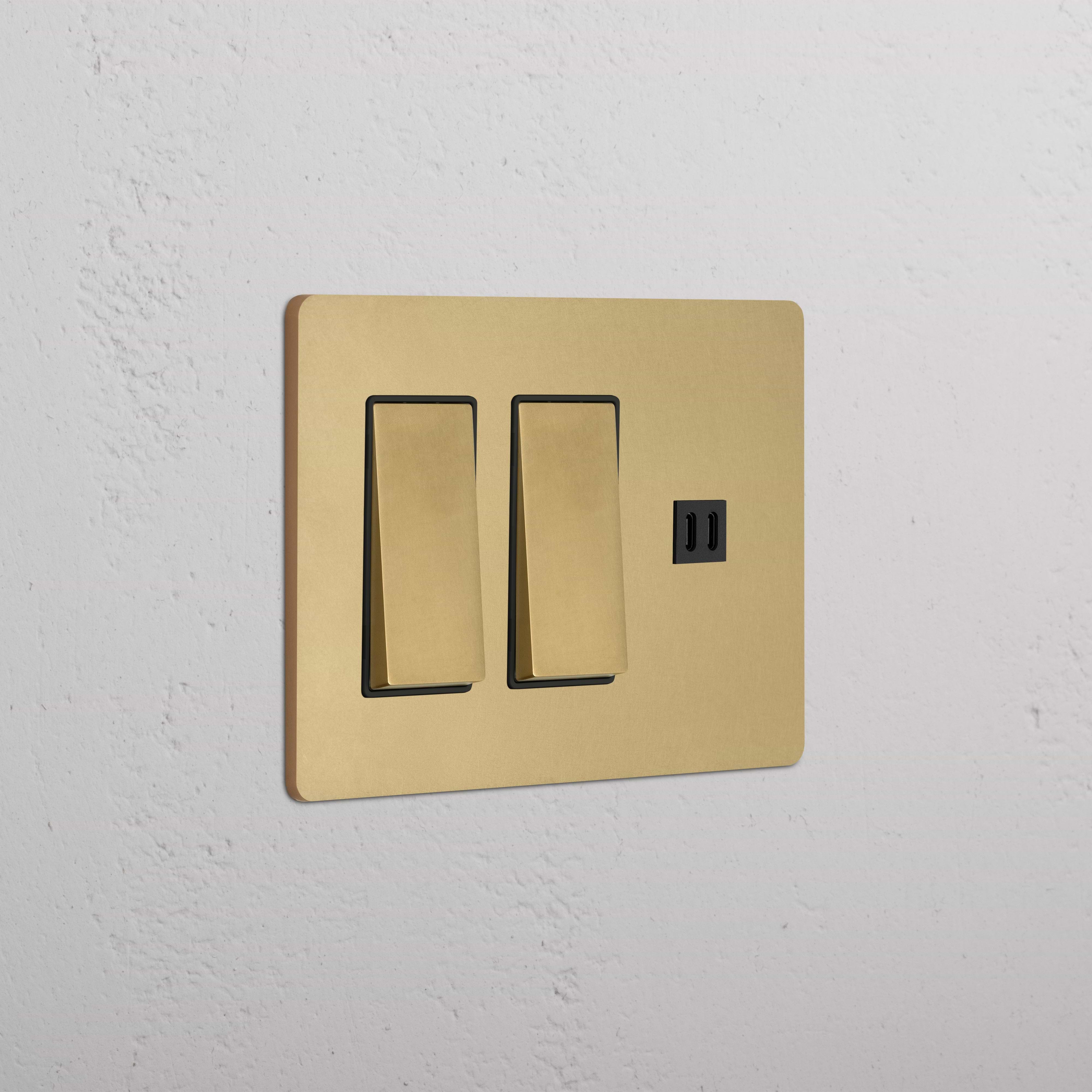 Grove 3G 2x Rocker Switch & Fast Charge USB in Antique Brass Black with two switches and USB port on faceplate.