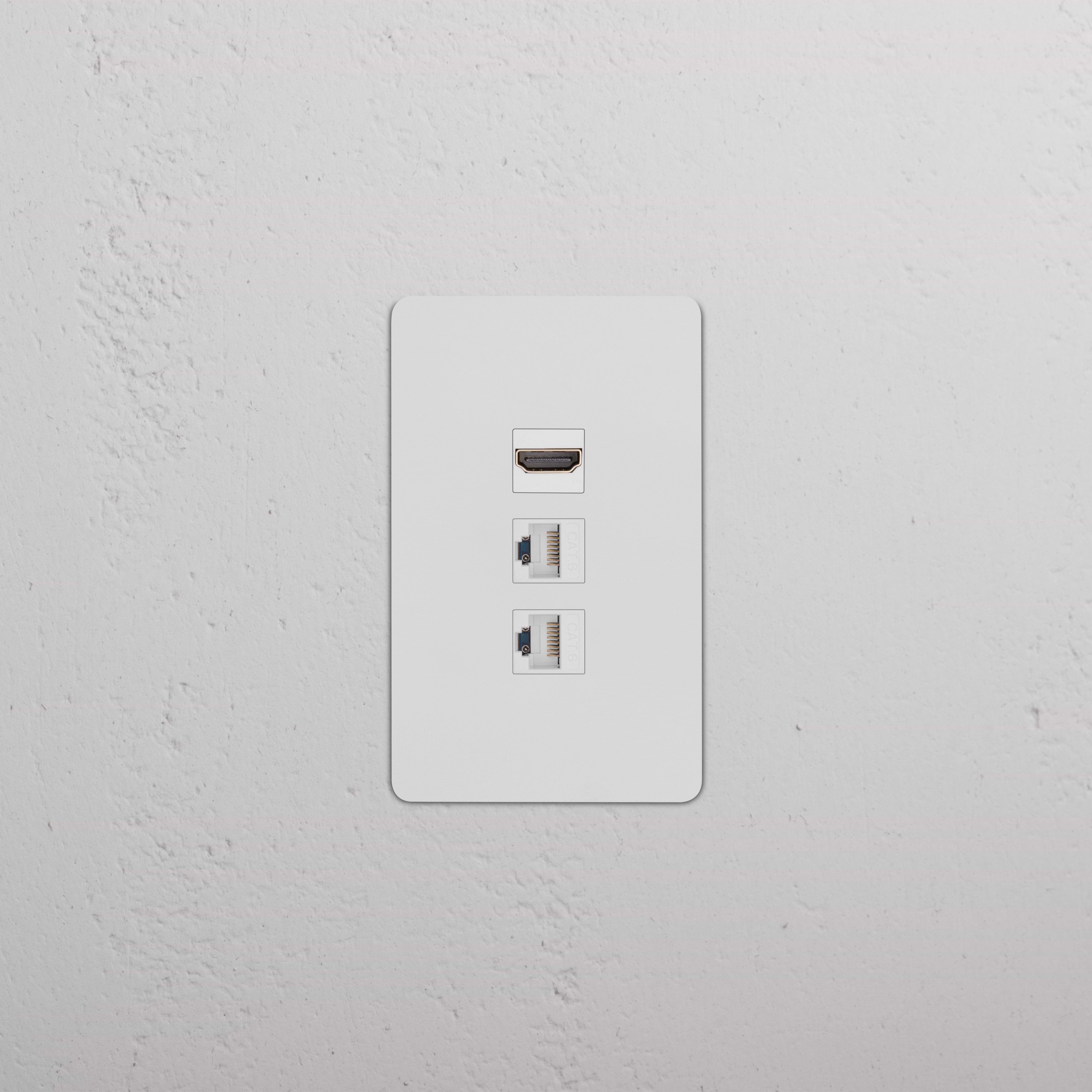 Kew 1G HDMI & 2x CAT6 Keystone wall plate in paintable white with one HDMI and two Ethernet ports.