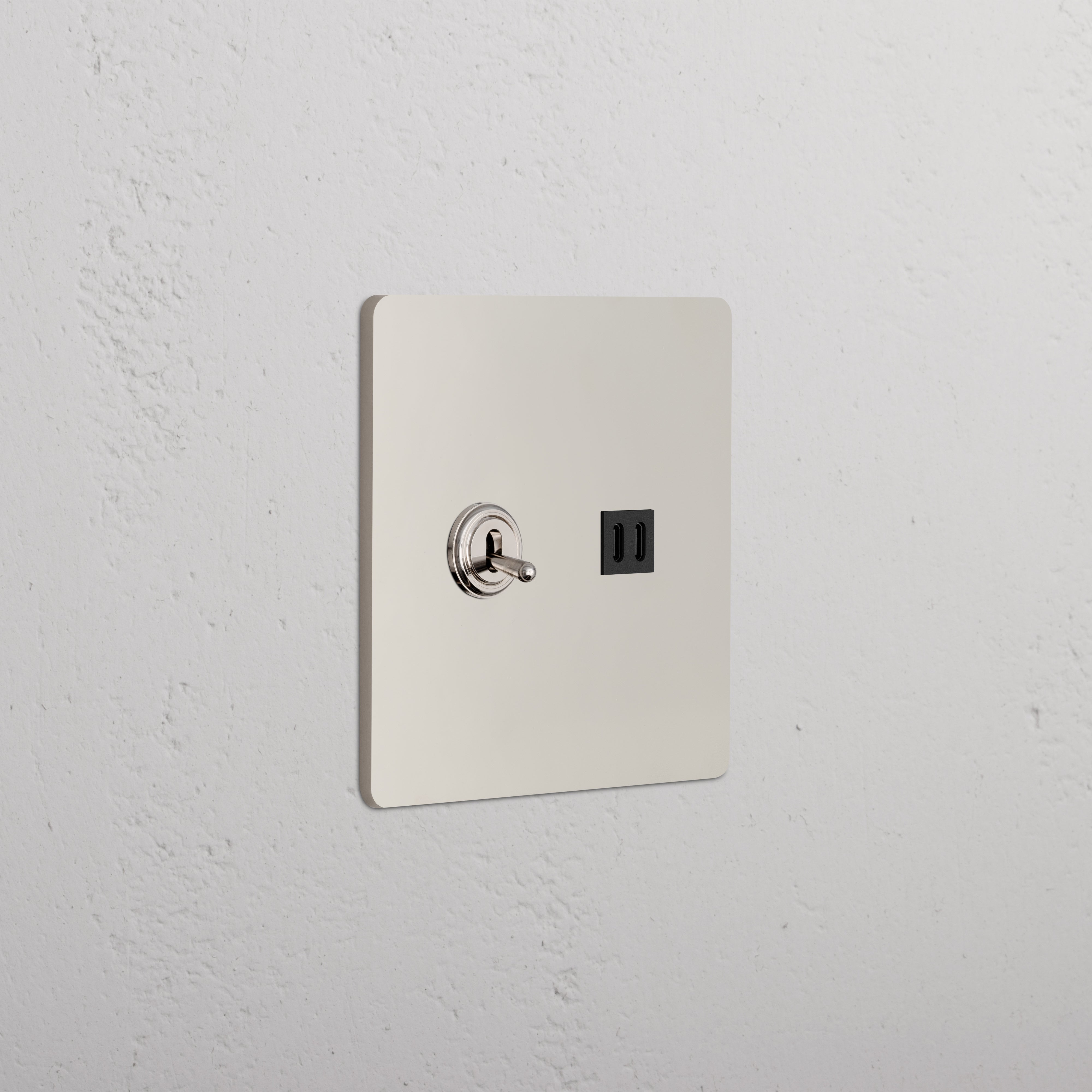 Grove 2G toggle switch with fast charge USB in polished nickel black, featuring two black toggles on a wall plate.