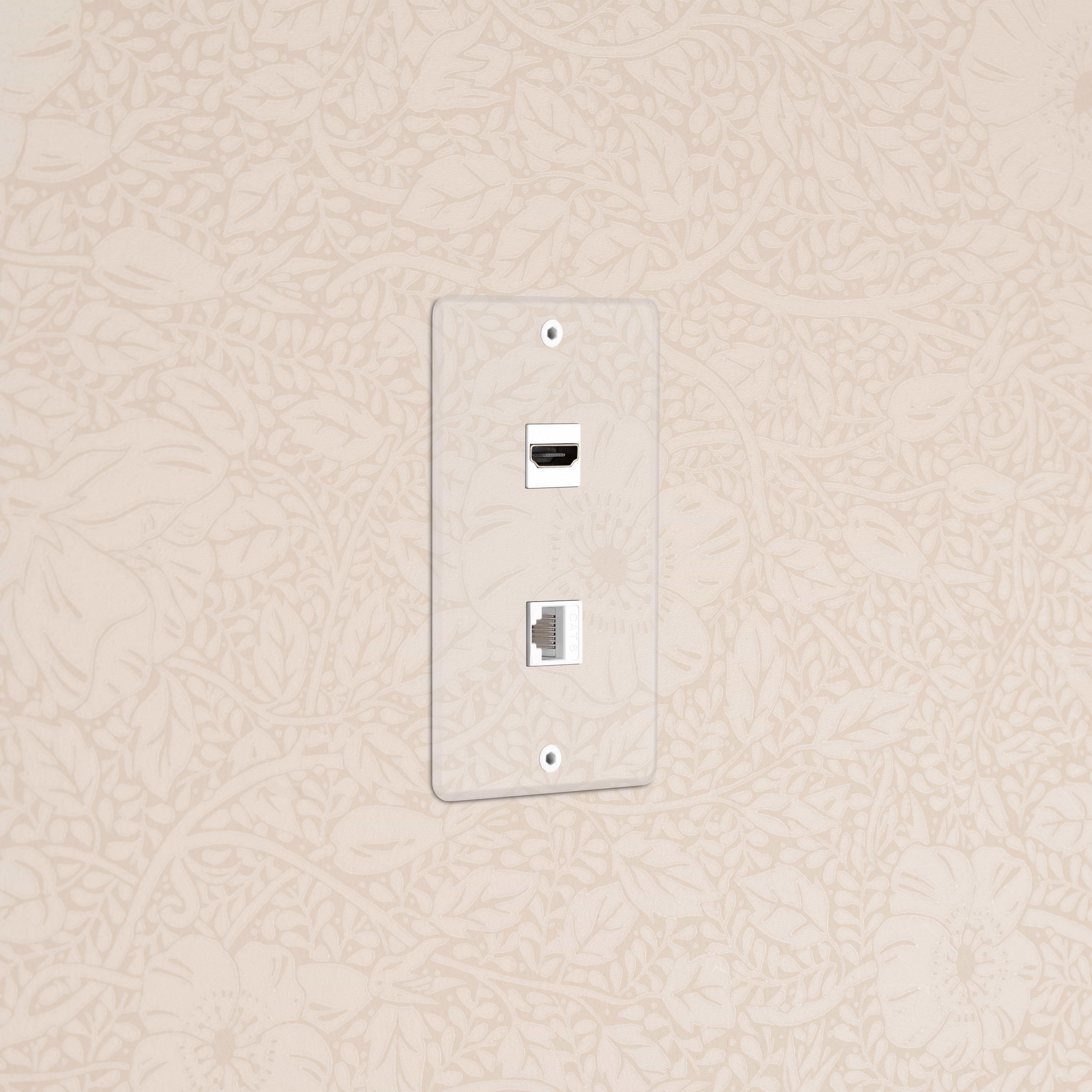 Kew 1G HDMI & CAT 6 Keystone in clear white, featuring HDMI and Ethernet ports on a keystone wall plate.
