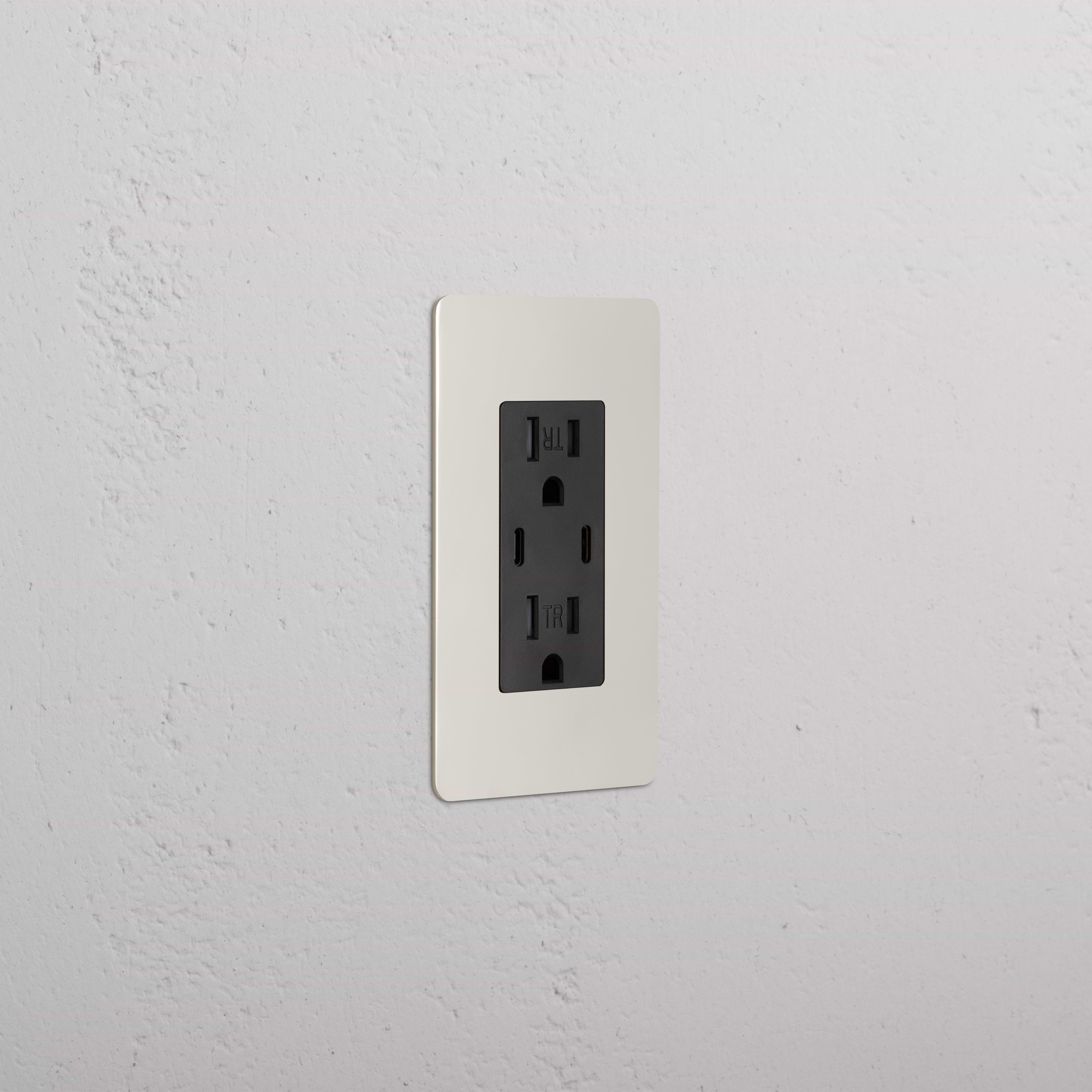 Kew 1G 15A USB Outlet in polished nickel black finish with one plug socket and two USB ports.