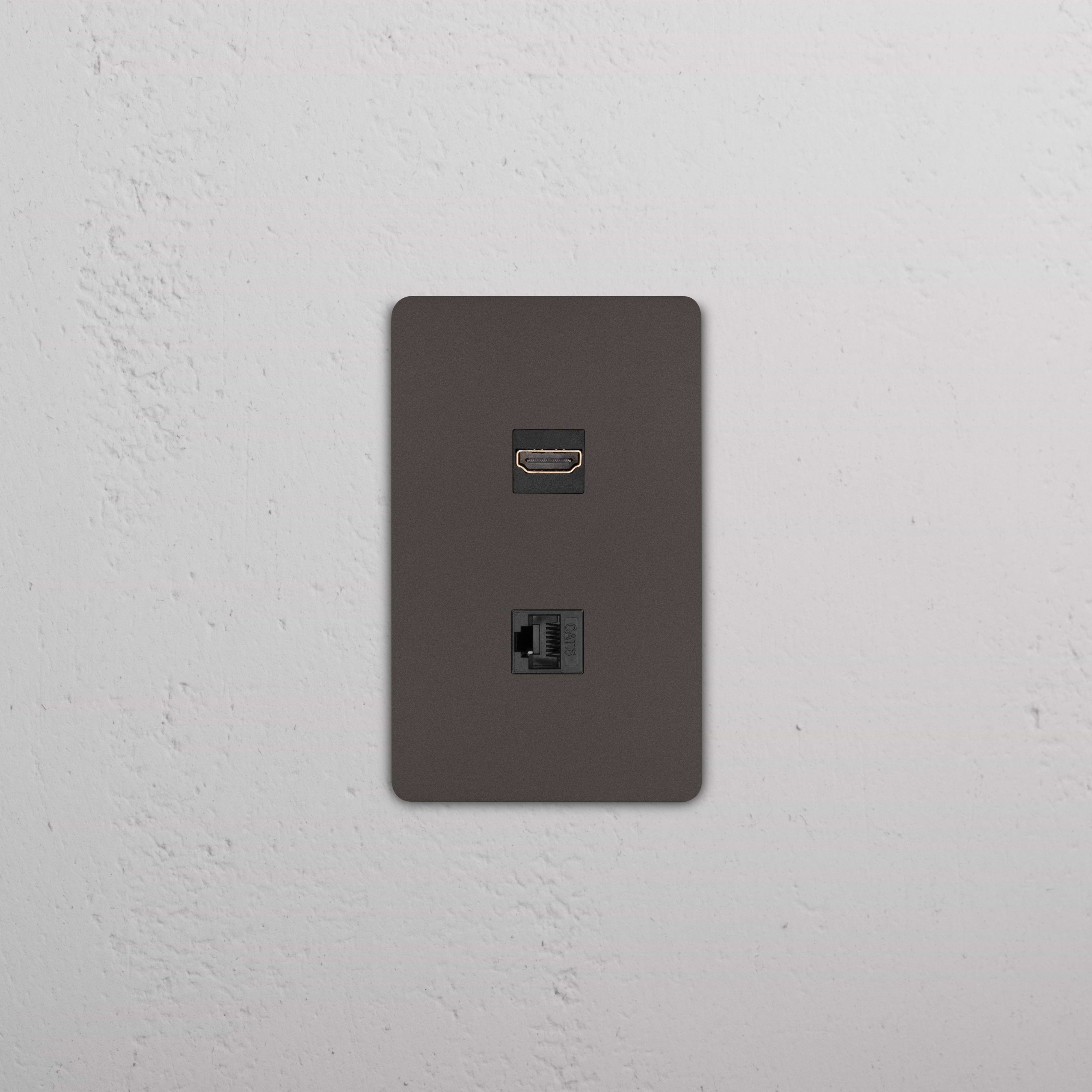 Bronze Black Grove 1G HDMI & CAT 6 Keystone wall plate with HDMI and Ethernet ports.