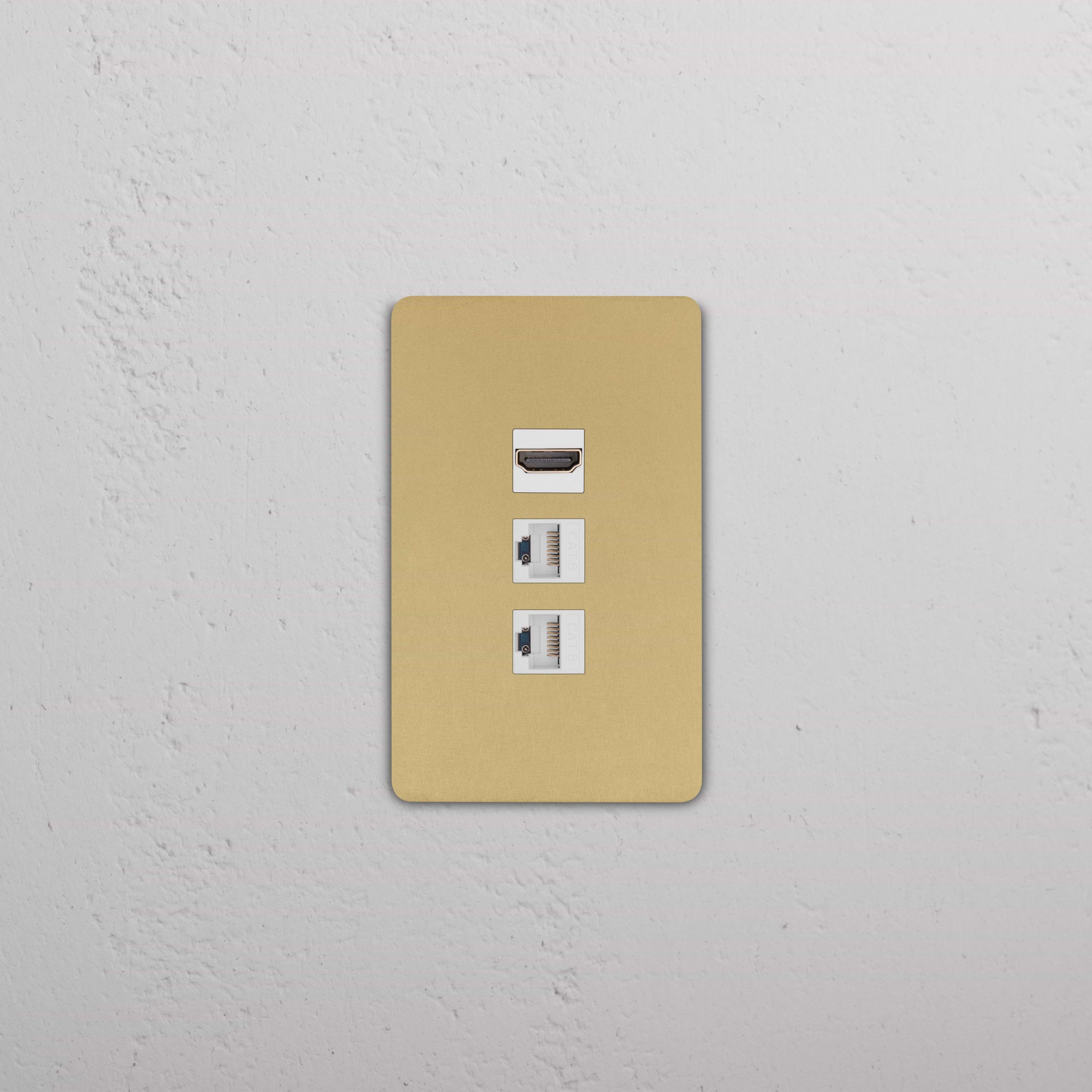 Grove 1G HDMI & 2x CAT6 Keystone wall plate in Antique Brass White, with one HDMI and two Ethernet ports.