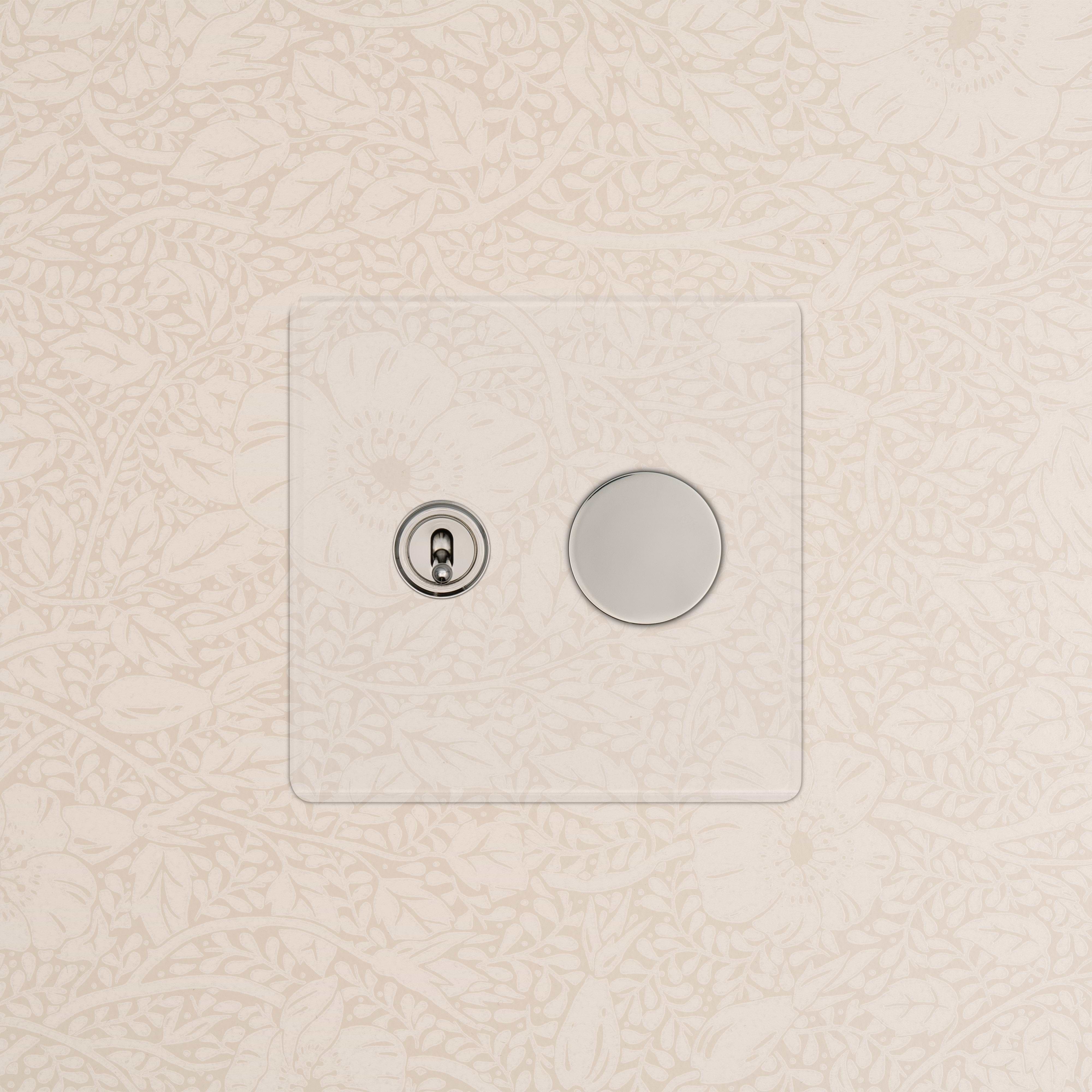 Kew 2G Toggle & Dimmer Switch in Clear Polished Nickel with dual controls on a clear faceplate.
