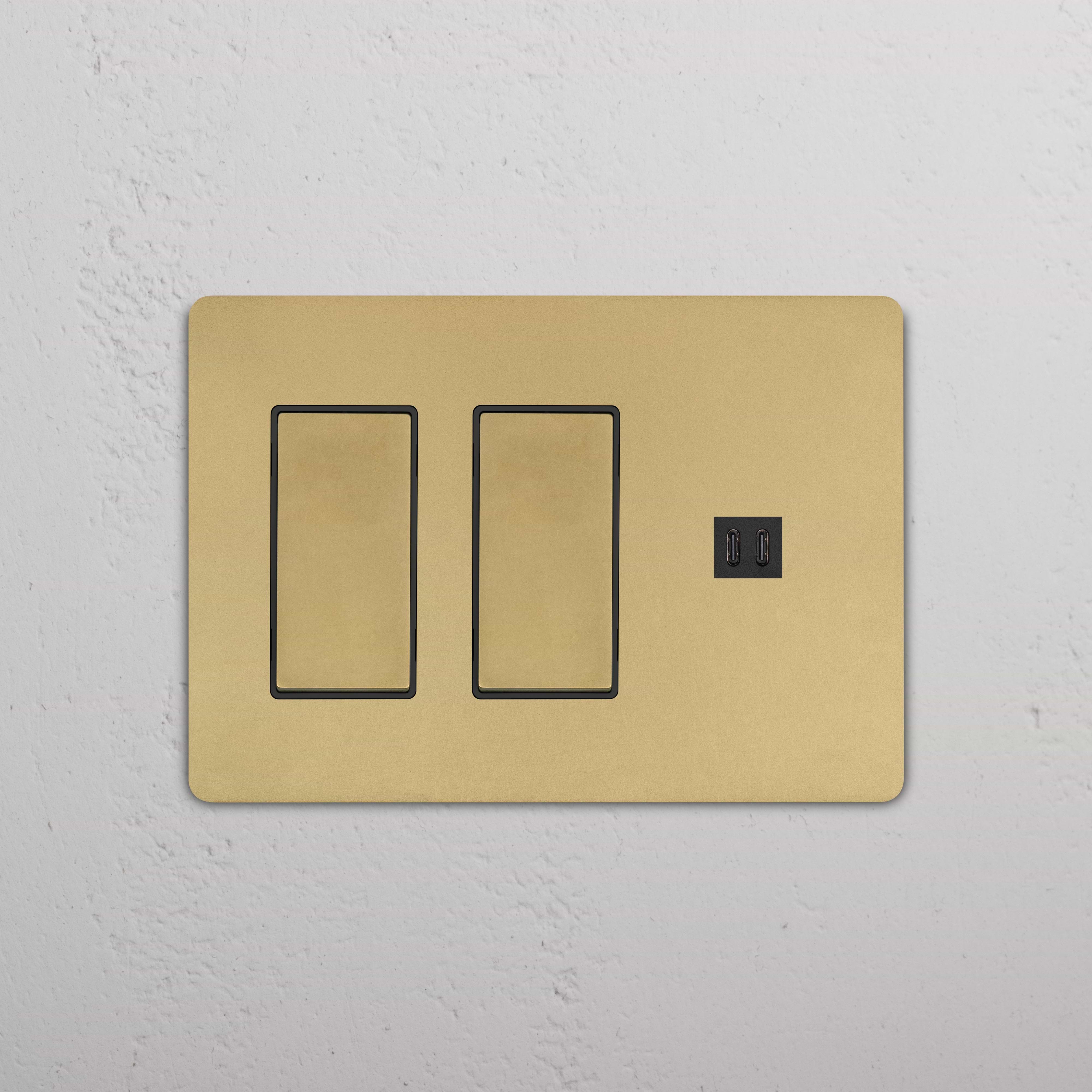 Grove 3G 2x Rocker Switch & Fast Charge USB in Antique Brass Black, with two switches and dual USB port.