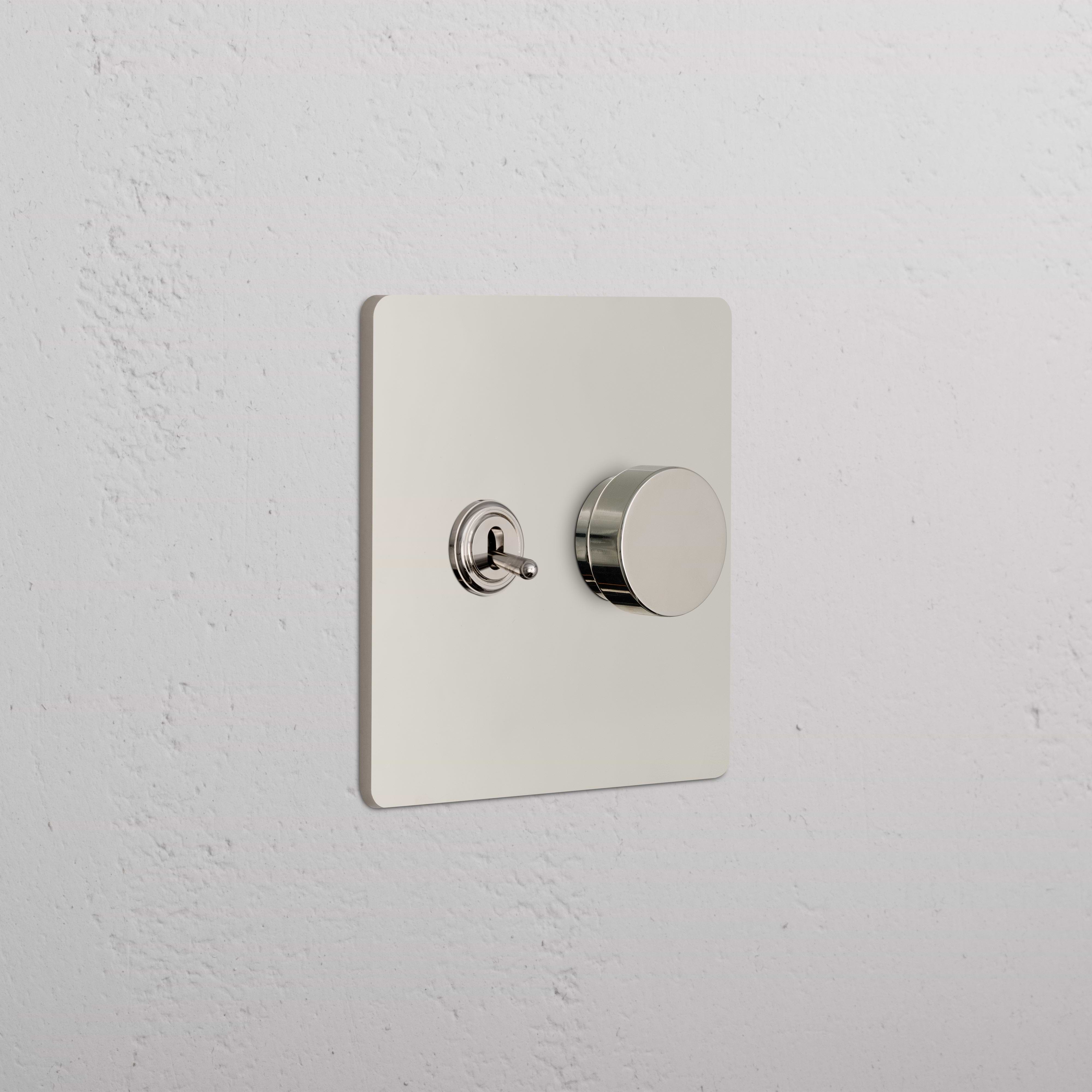 Grove 2G Toggle & Dimmer Switch in polished nickel with toggle and round dimmer on a square plate.