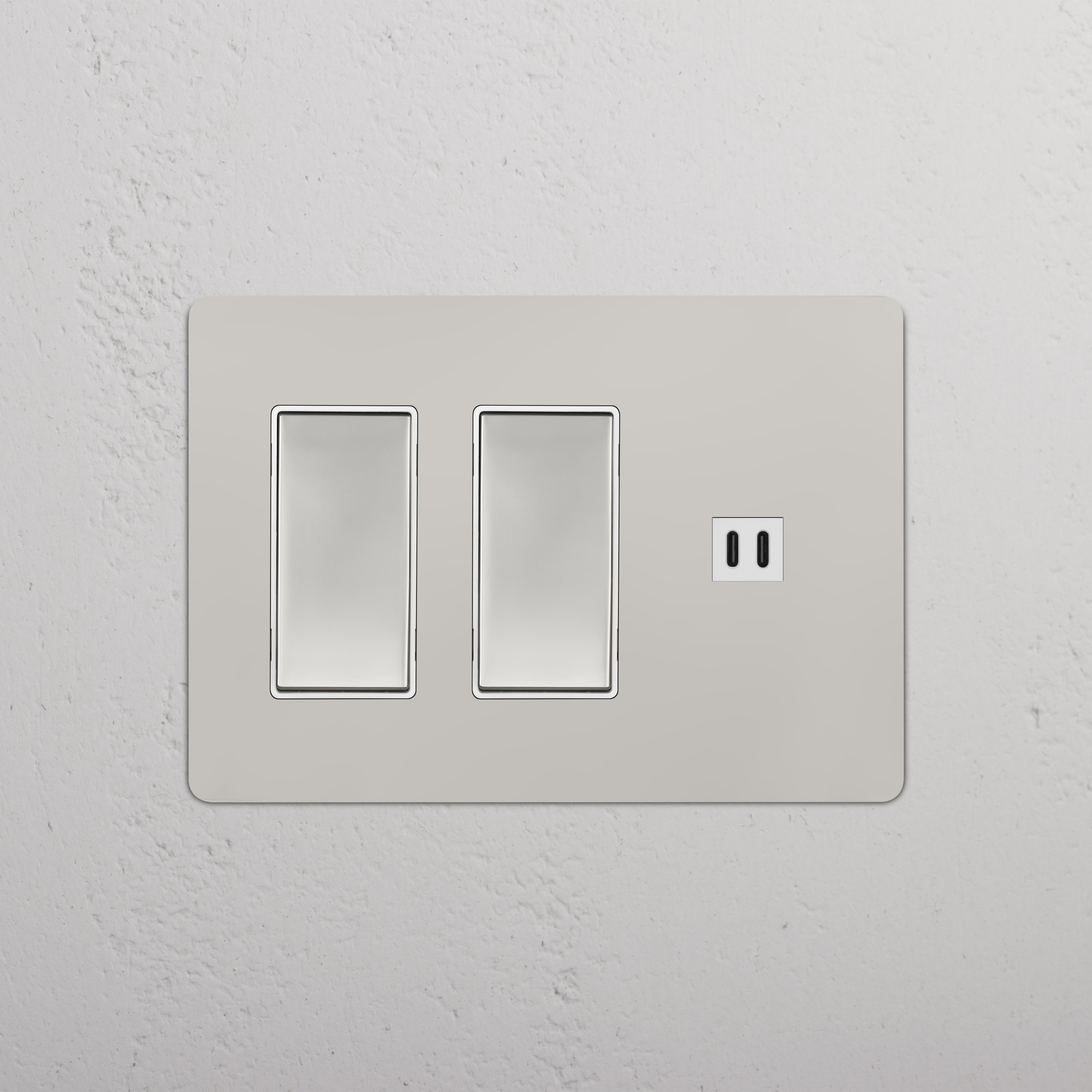 Kew 3G 2x Rocker Switch & Fast Charge USB in polished nickel on white plate, two switches and USB port.