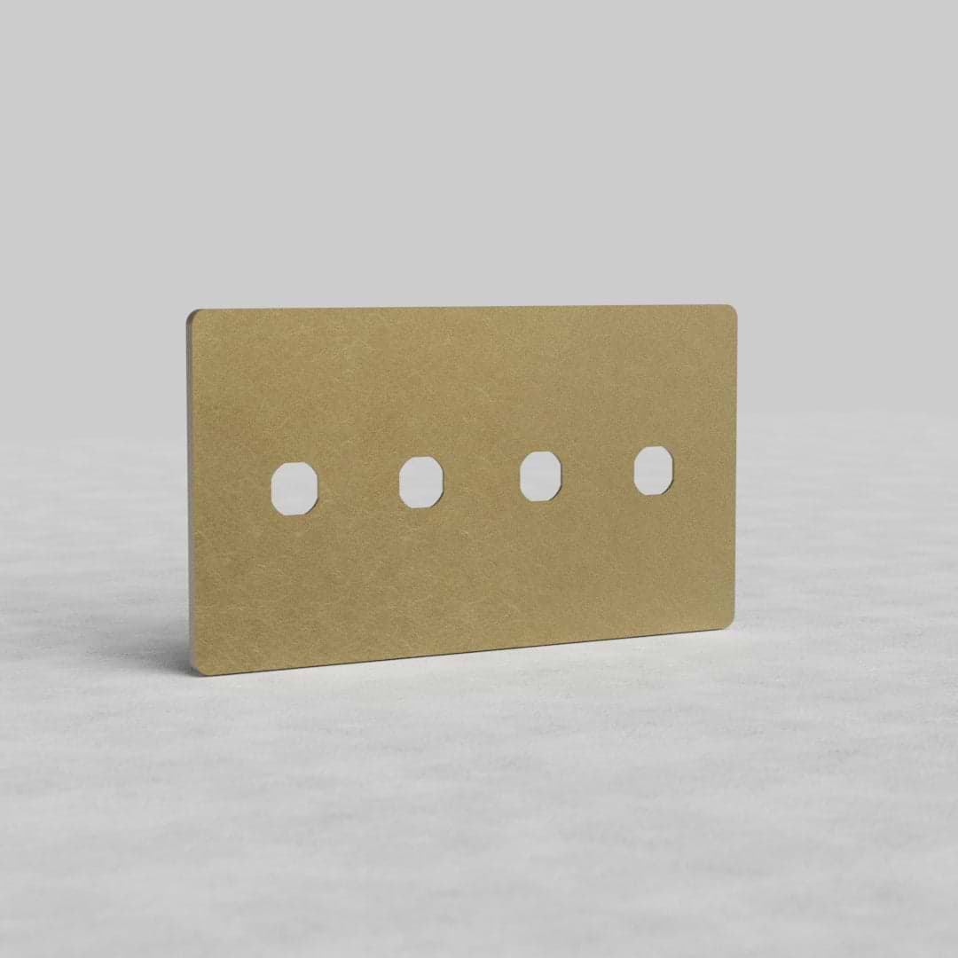 Rectangular 4-gang Antique Brass switch plate with four circular switch cutouts, Grove US style.