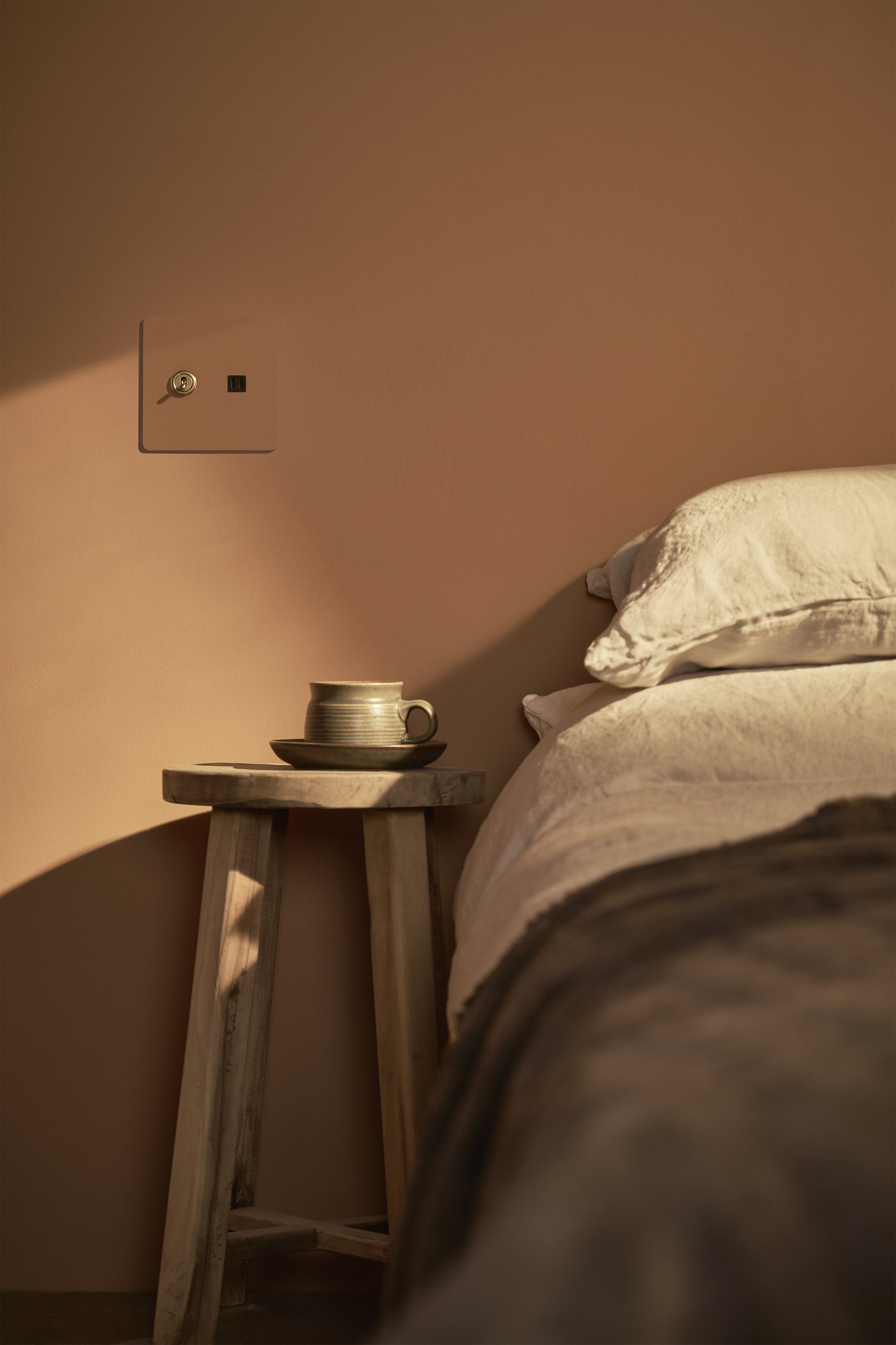 Kew 2G Toggle Switch & Fast Charge USB in paintable antique brass black finish, mounted on a wall.