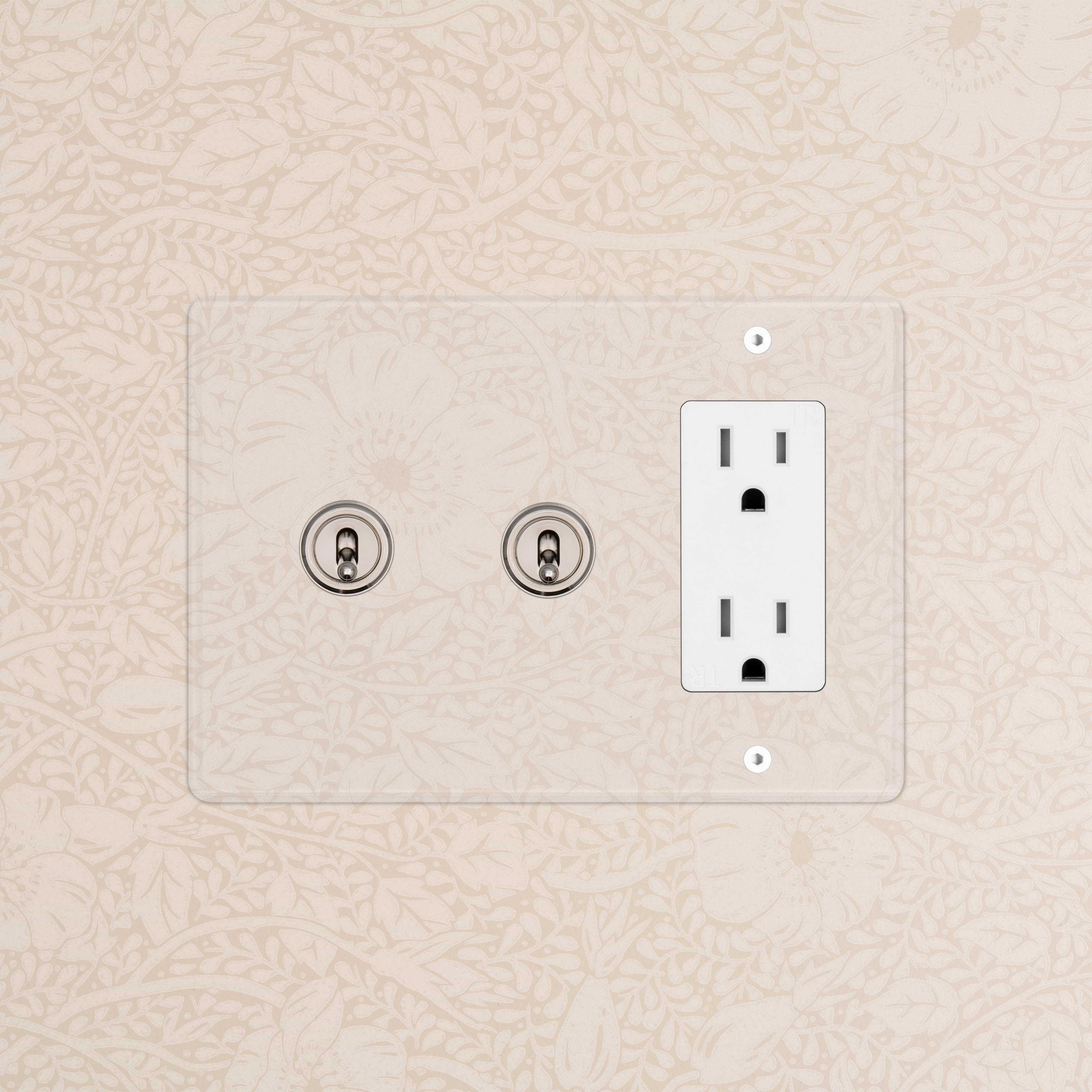 Kew 3G 2x Toggle Switch & Outlet in clear polished nickel with white finish, wall-mounted.