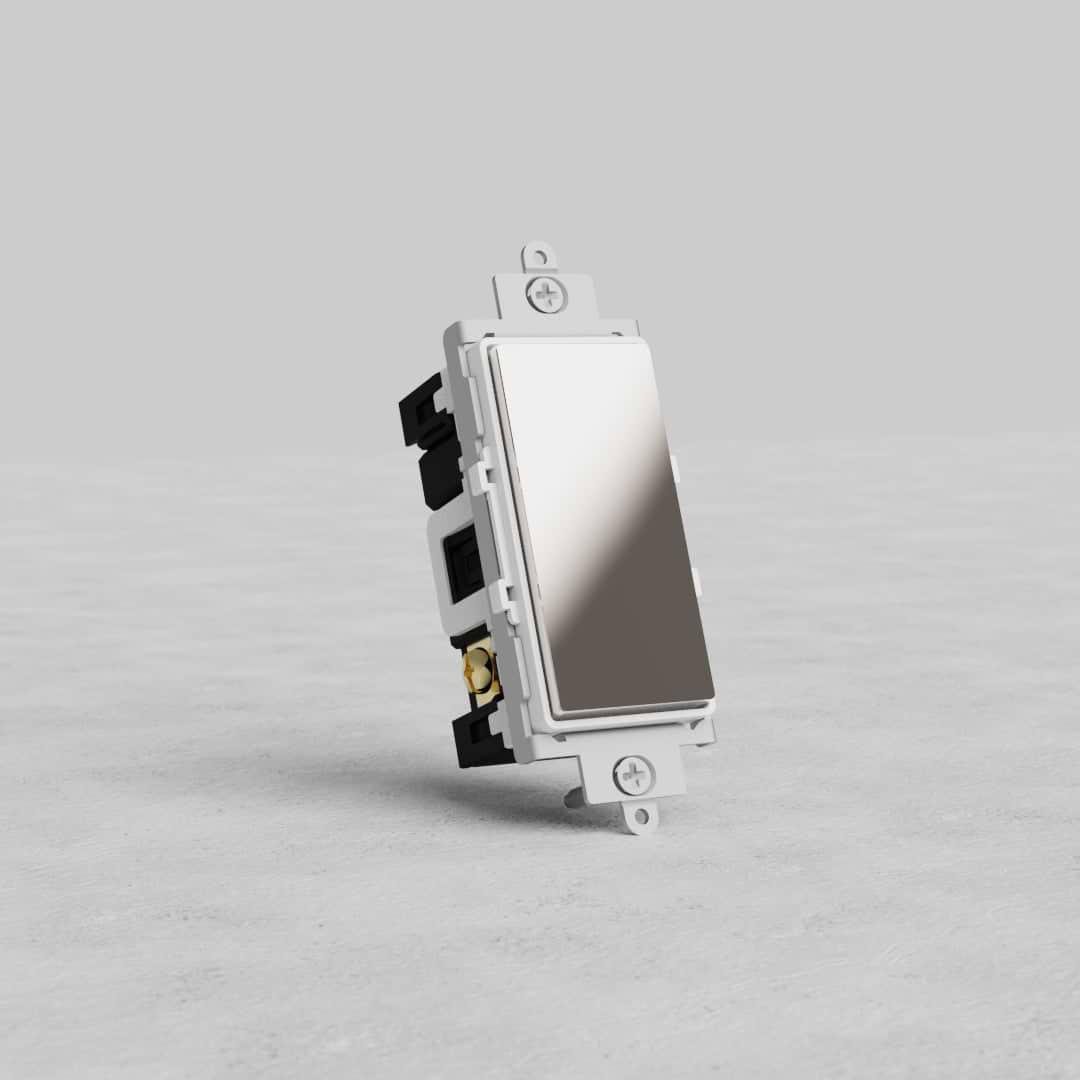 Center Retractive Rocker Switch in Polished Nickel White with visible screws, shown upright on a gray background.