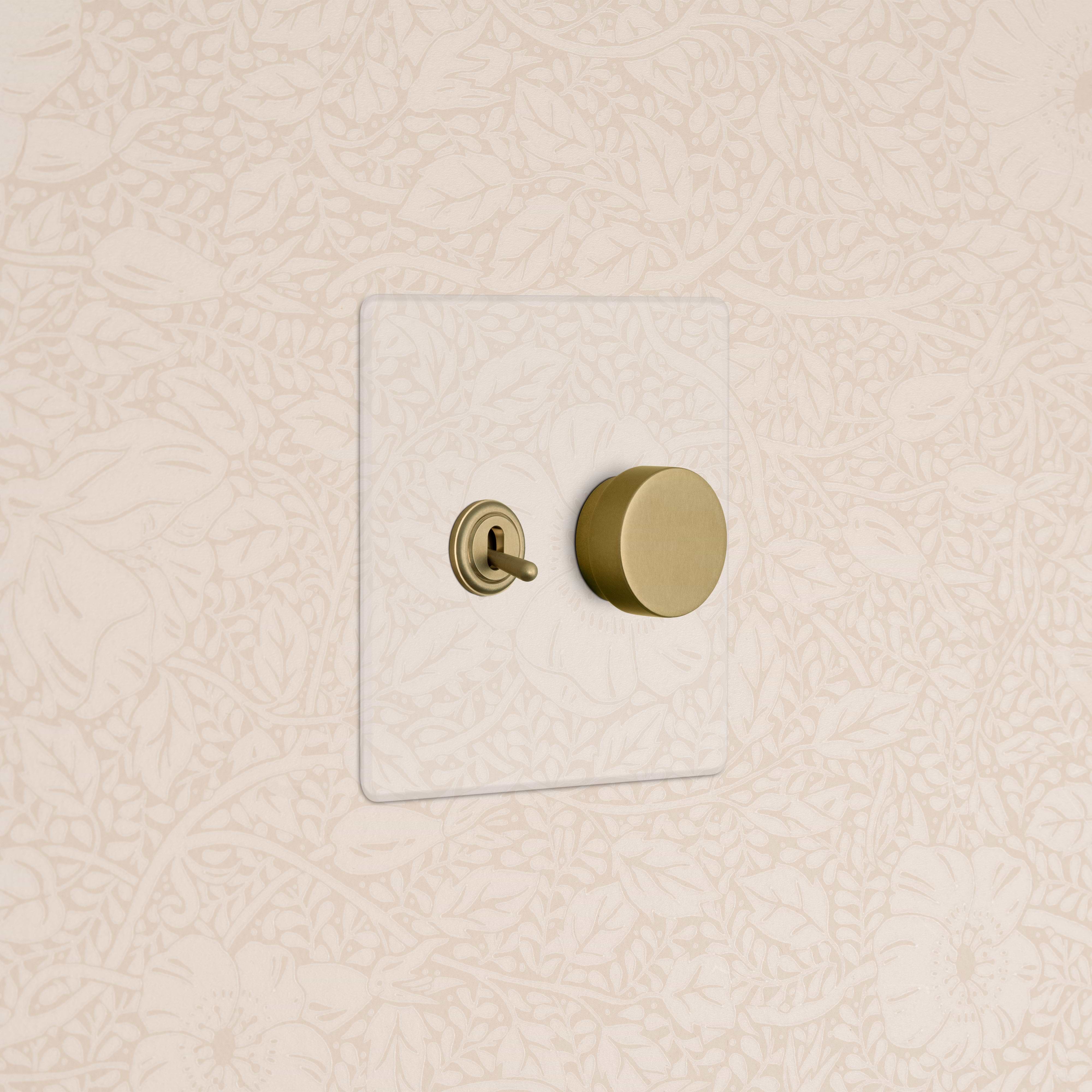 Kew 2G Toggle & Dimmer Switch in clear antique brass with brass toggle and dimmer knob on a clear plate.
