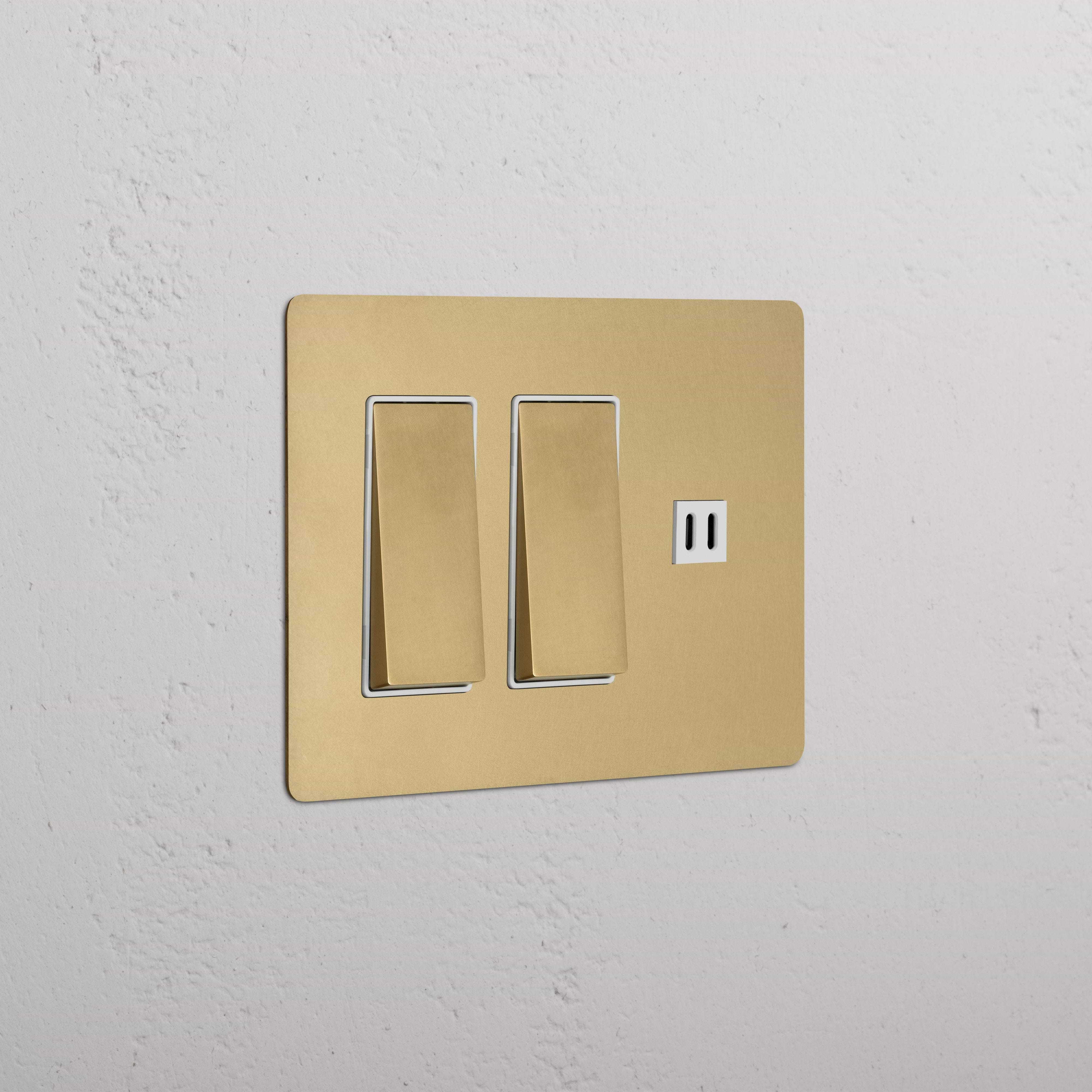 Kew 3G Antique Brass White 2-gang rocker switch plate with fast charge USB port, shown on a wall.