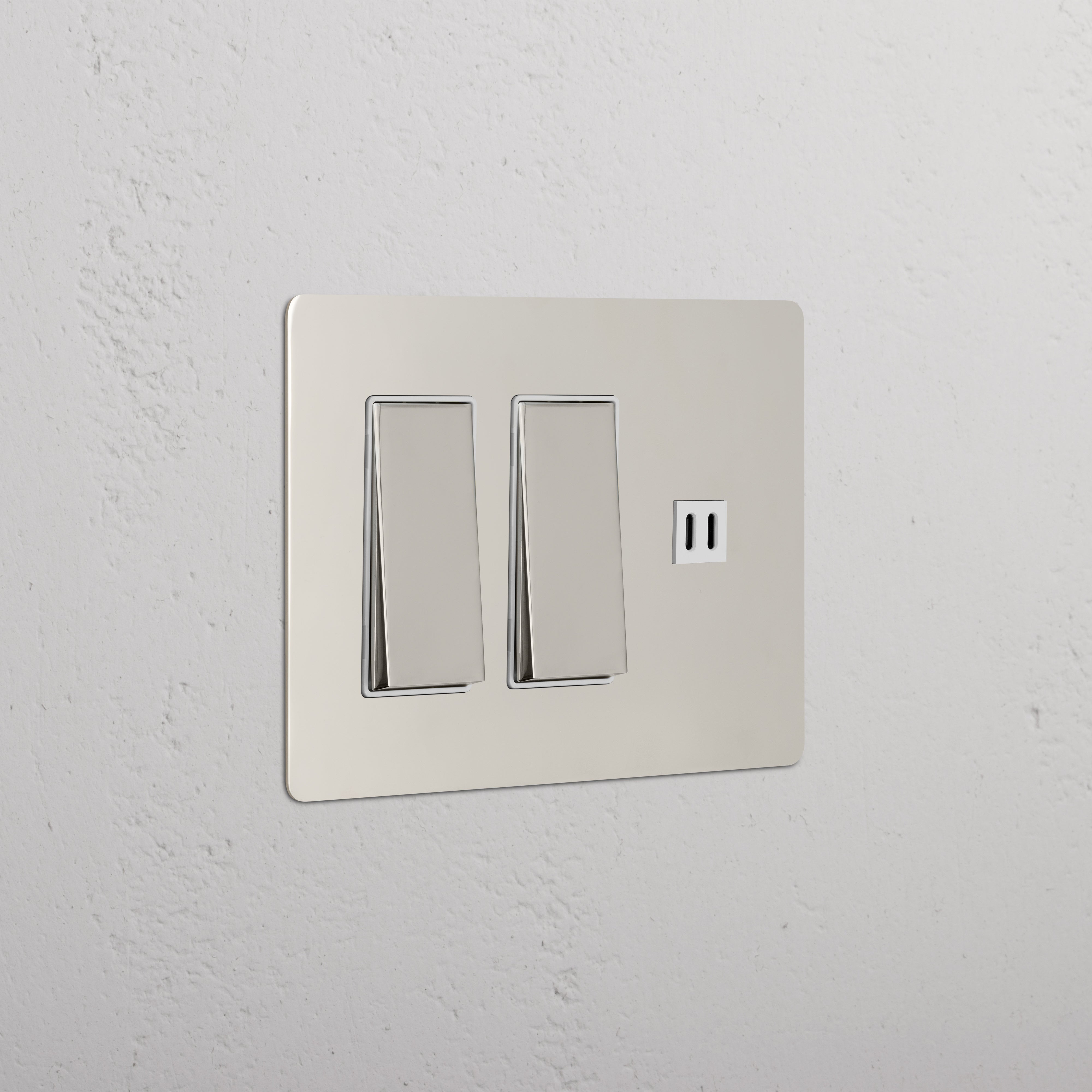 Kew 3G 2x Rocker Switch & Fast Charge USB in Polished Nickel White with two switches and USB port.