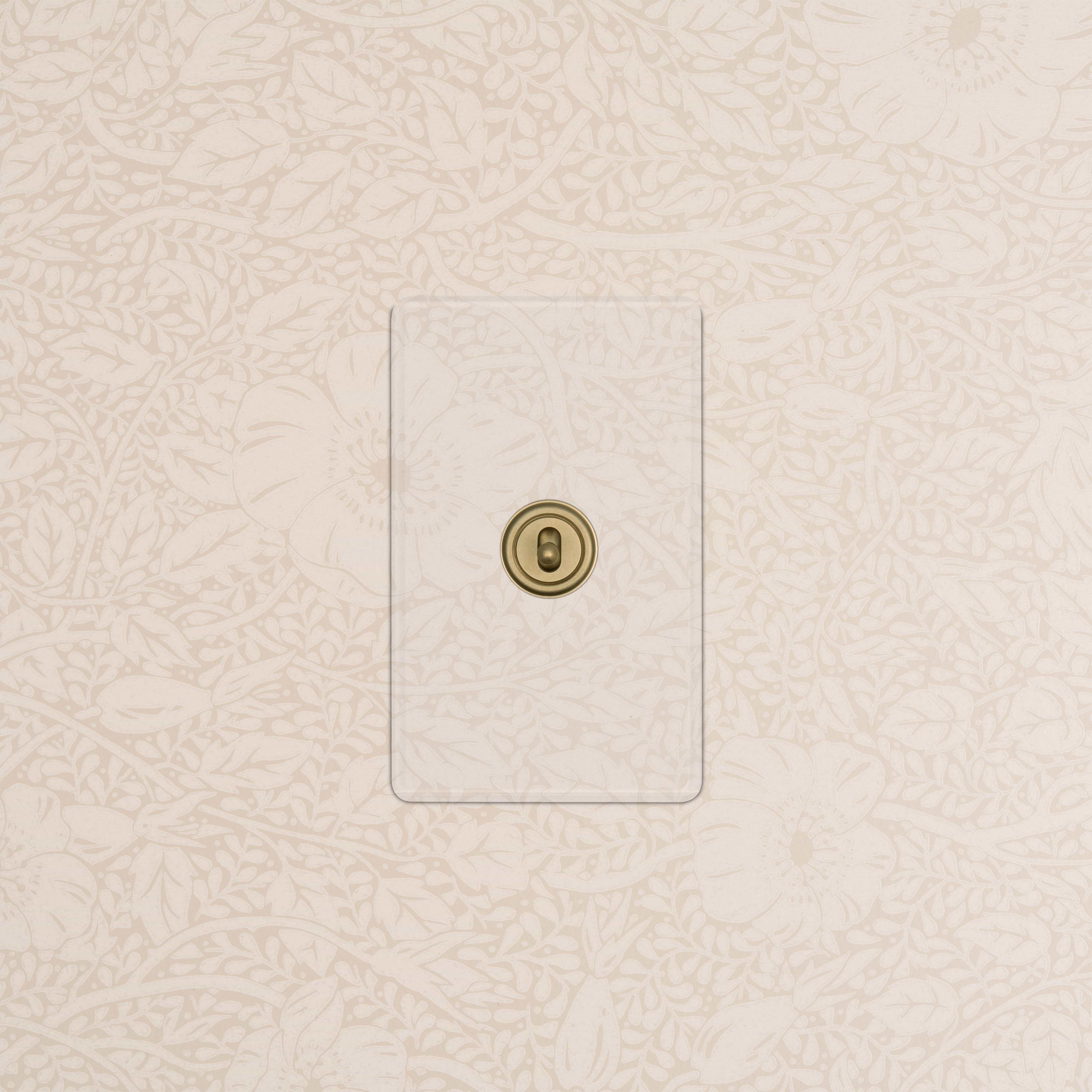 Kew 1G Center Retractive Toggle Switch in clear antique brass, mounted on a wall.