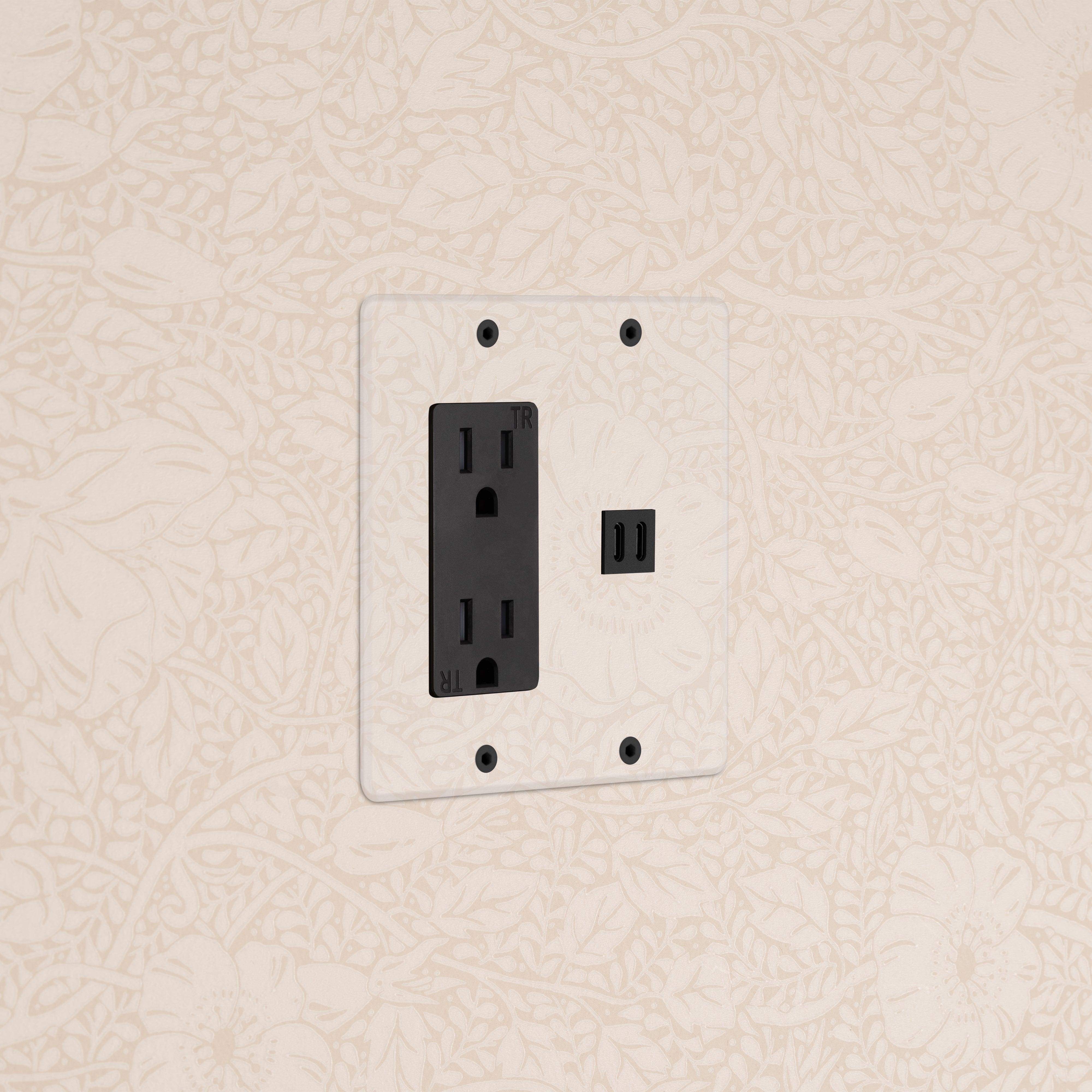 Kew 2G Outlet & Fast Charge USB in clear black finish on wall, showing two sockets and USB ports.