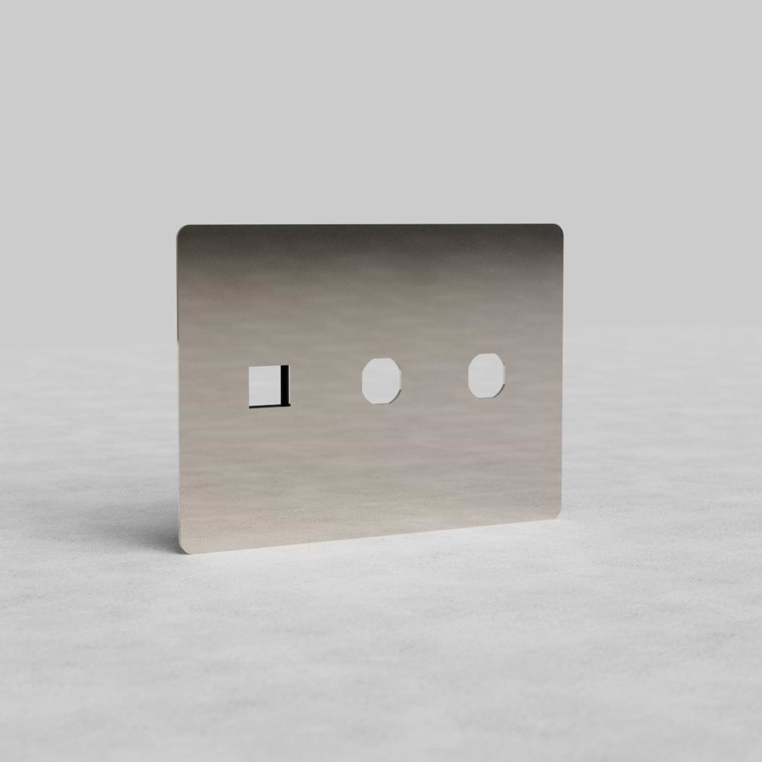 Rectangular polished nickel switch and keystone plate with two switch openings and three module cutouts.
