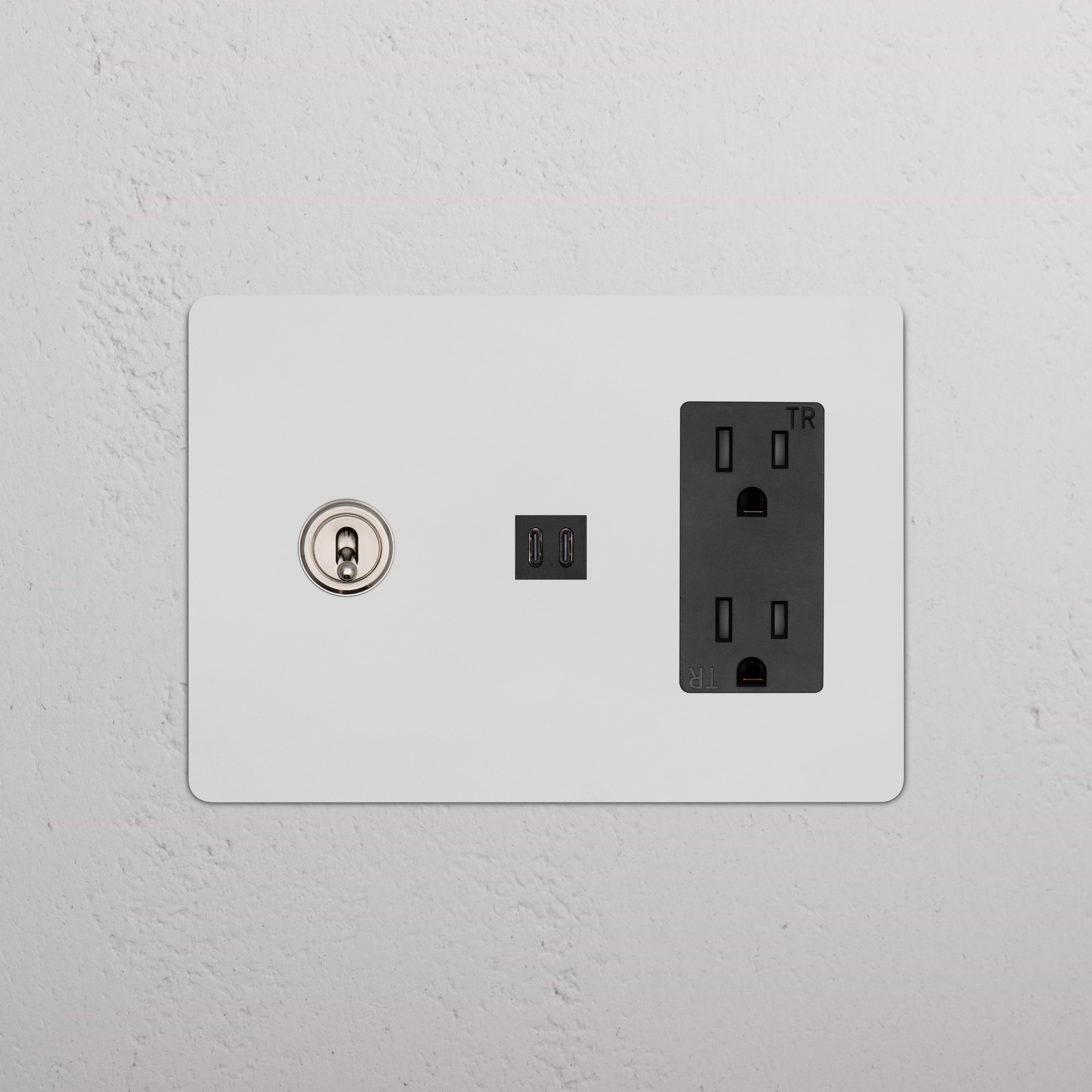 Kew 3G Toggle Switch, black outlet, and fast charge USB in paintable polished nickel on a wall plate.