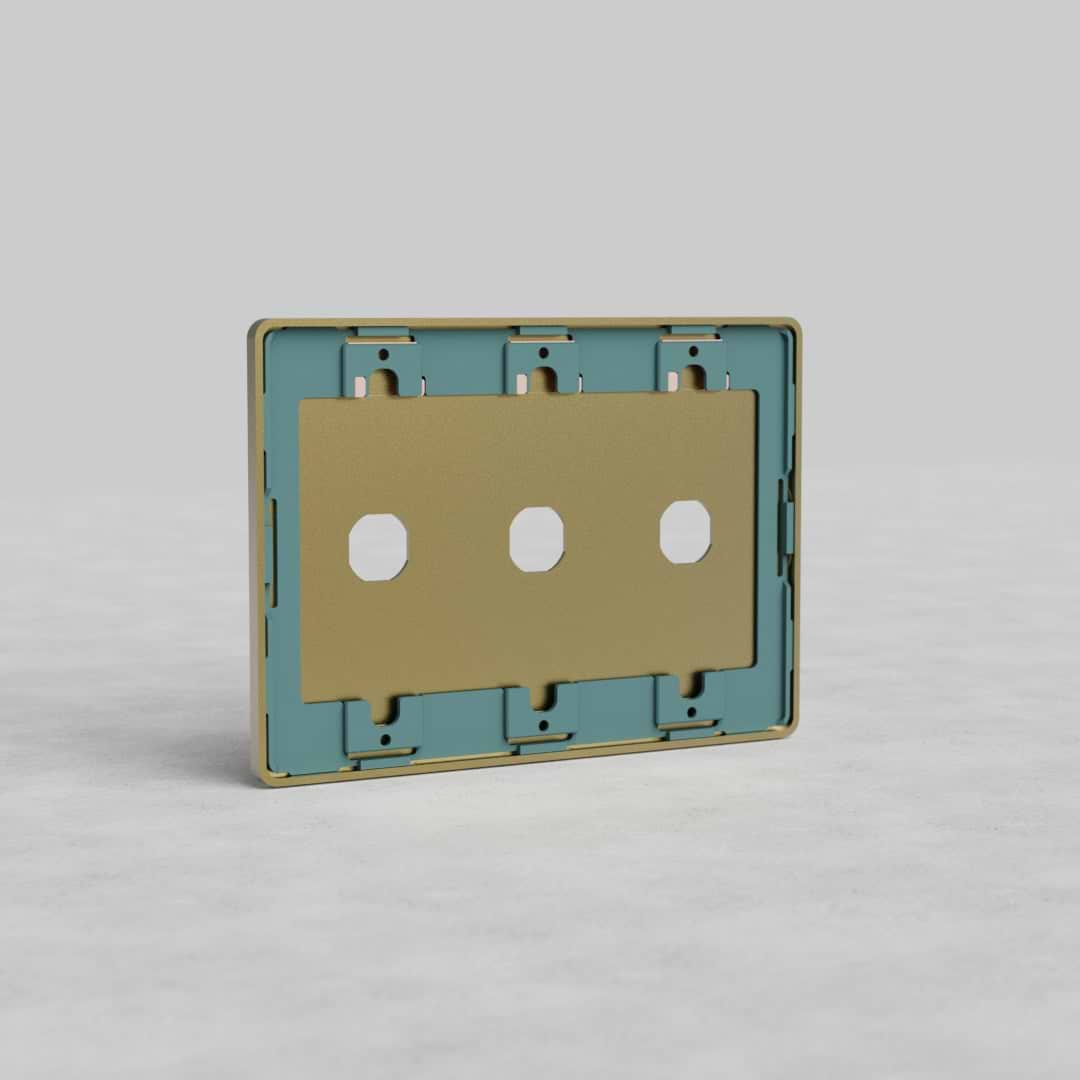 Rectangular 3G switch plate in antique brass finish, Grove US style, with three circular switch openings.