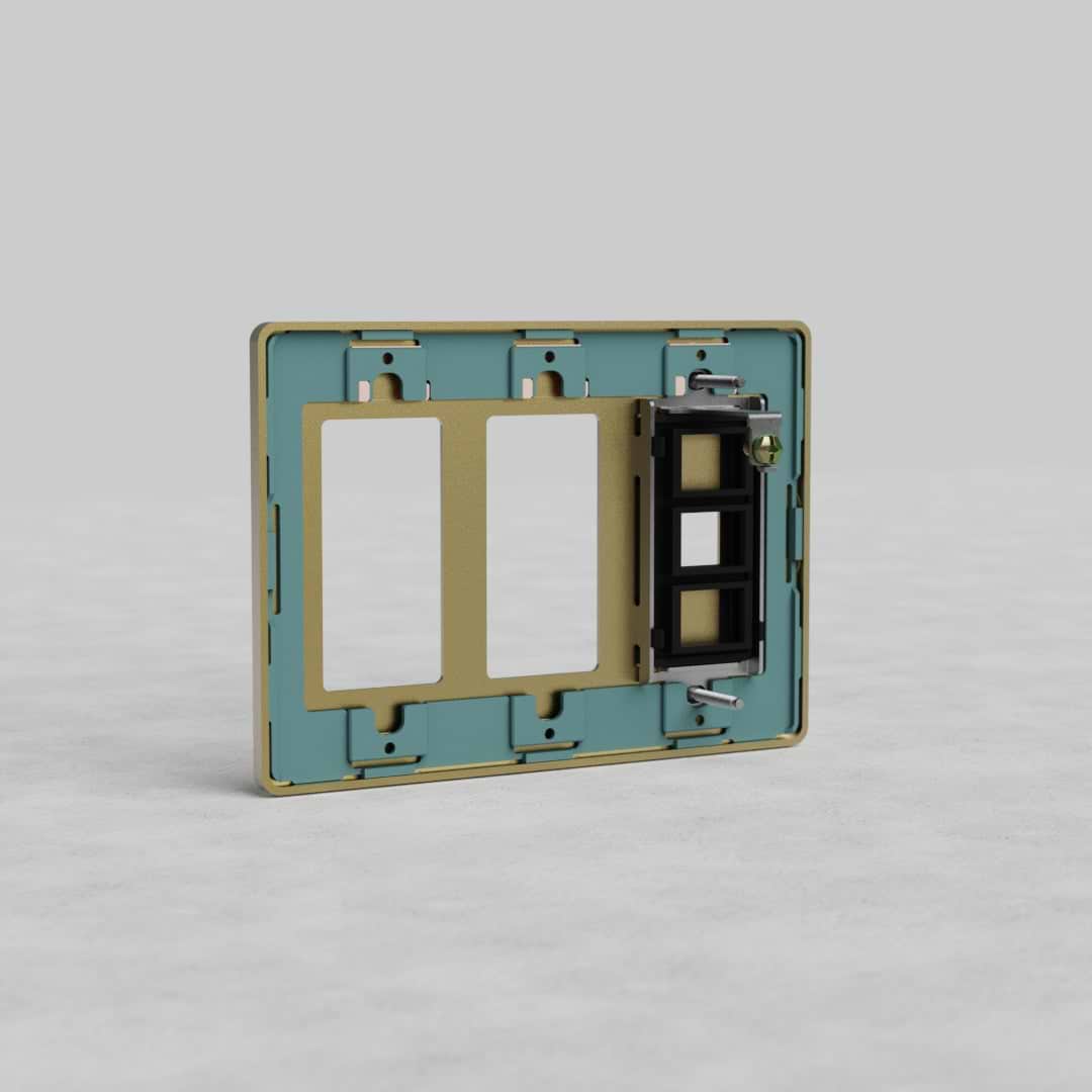 Antique Brass 3G 2x Outlet & Keystone Plate Grove US with two outlet slots, shown on a neutral surface.