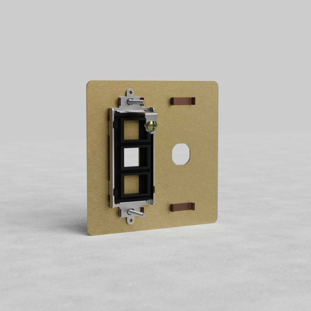 2G Switch & Keystone Plate Kew US in antique brass finish, shown mounted on a gray background.