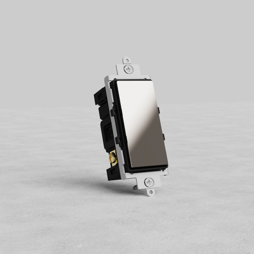 Center Retractive Rocker Switch with rectangular Polished Nickel Black faceplate on a gray background.