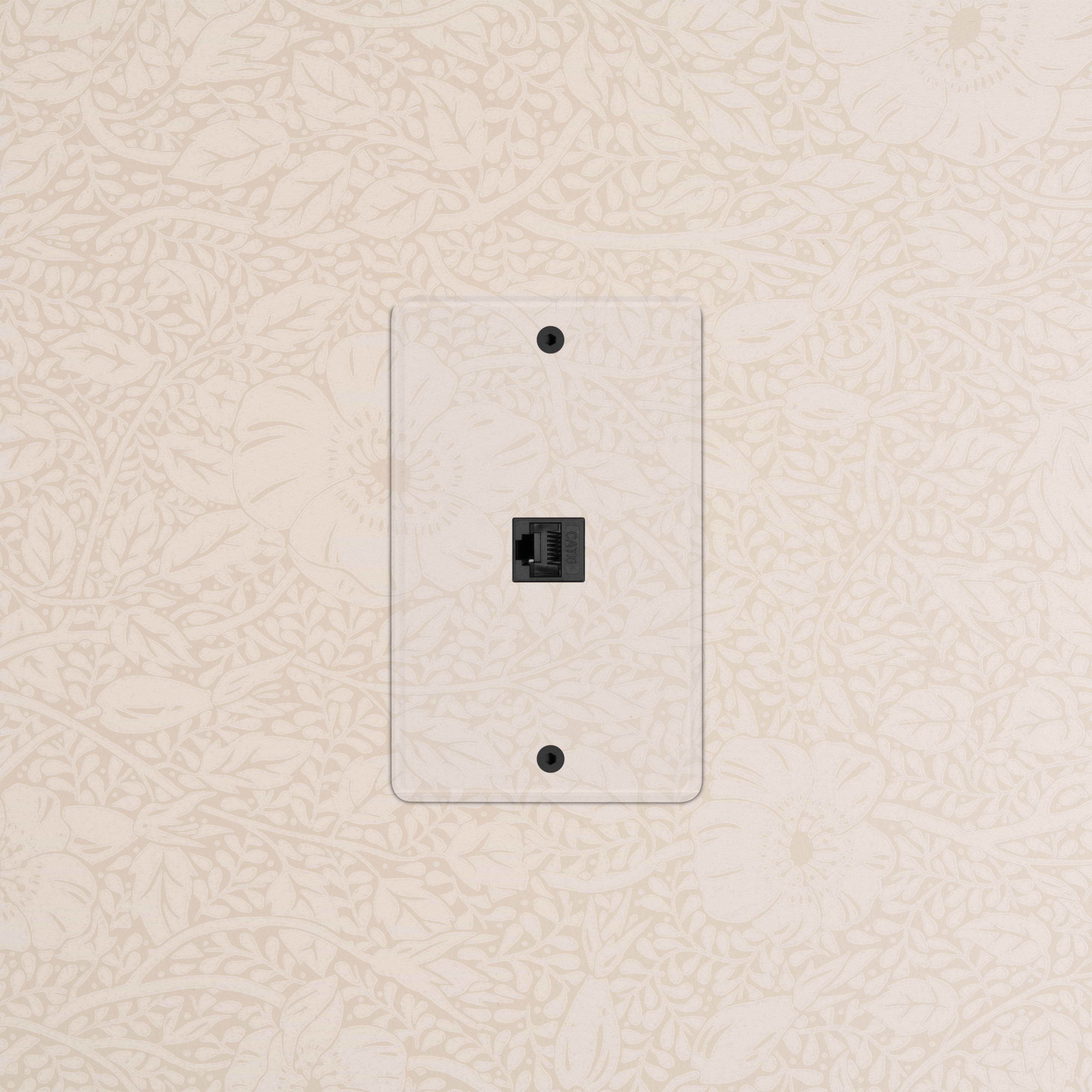 Kew 1G CAT 6 Keystone in Clear Black mounted on a clear rectangular wall plate for Ethernet connections.